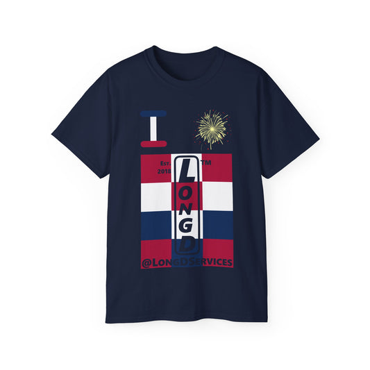 I Burst LongD cotton tee negative 4x3 tag upright logo (Patriotic colors)