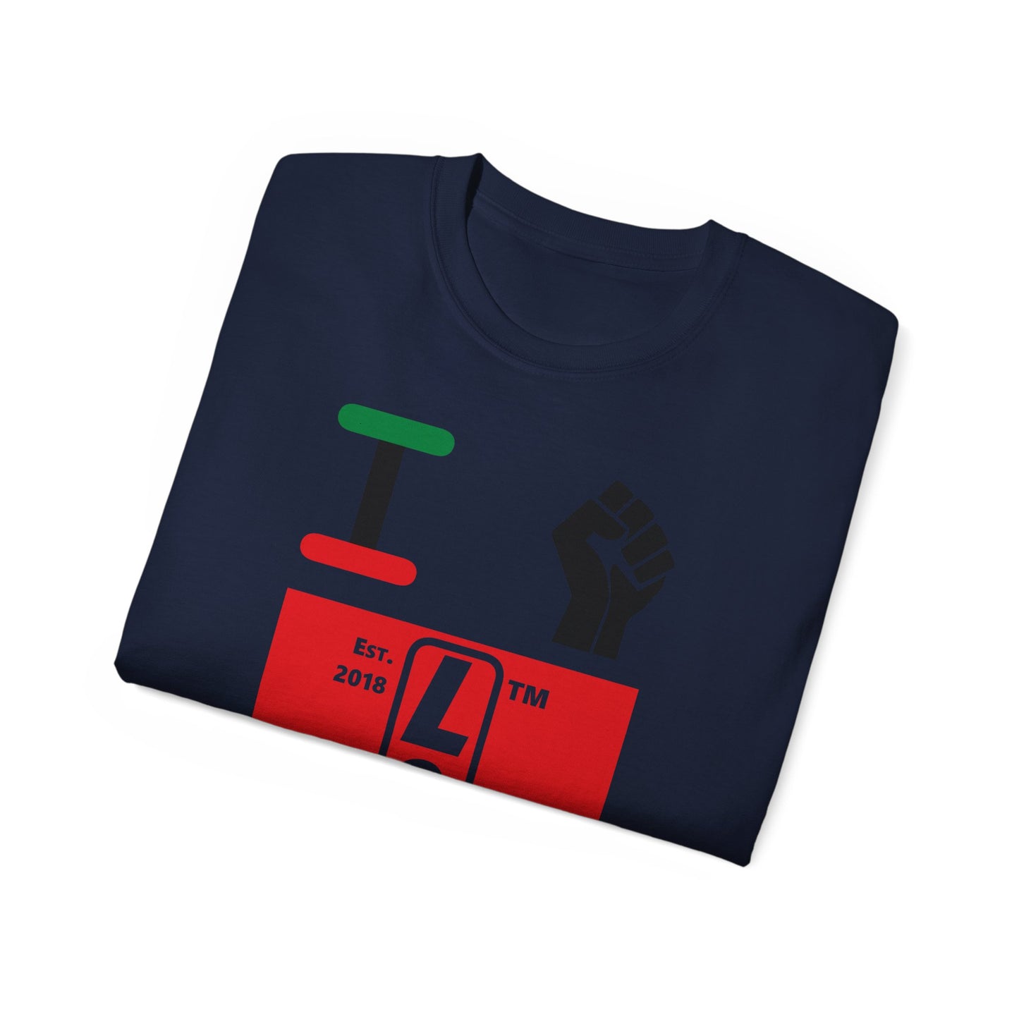 I fist LongD Cotton Tee negative horizontal striped Hyde Park upright logo (Juneteenth colors)