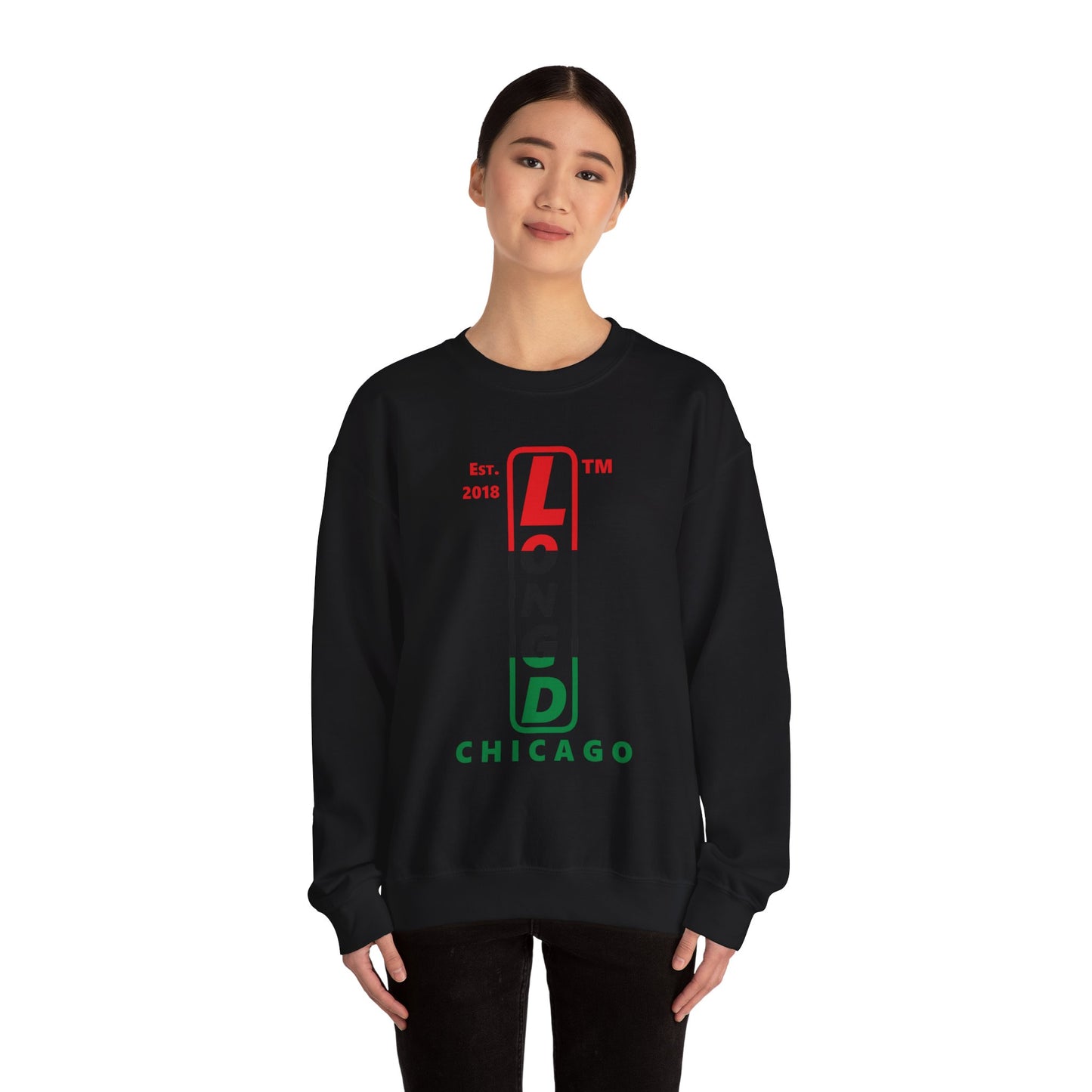 LongD positive horizontal 3-striped Chicago upright logo crewneck sweatshirt (Juneteenth colors)