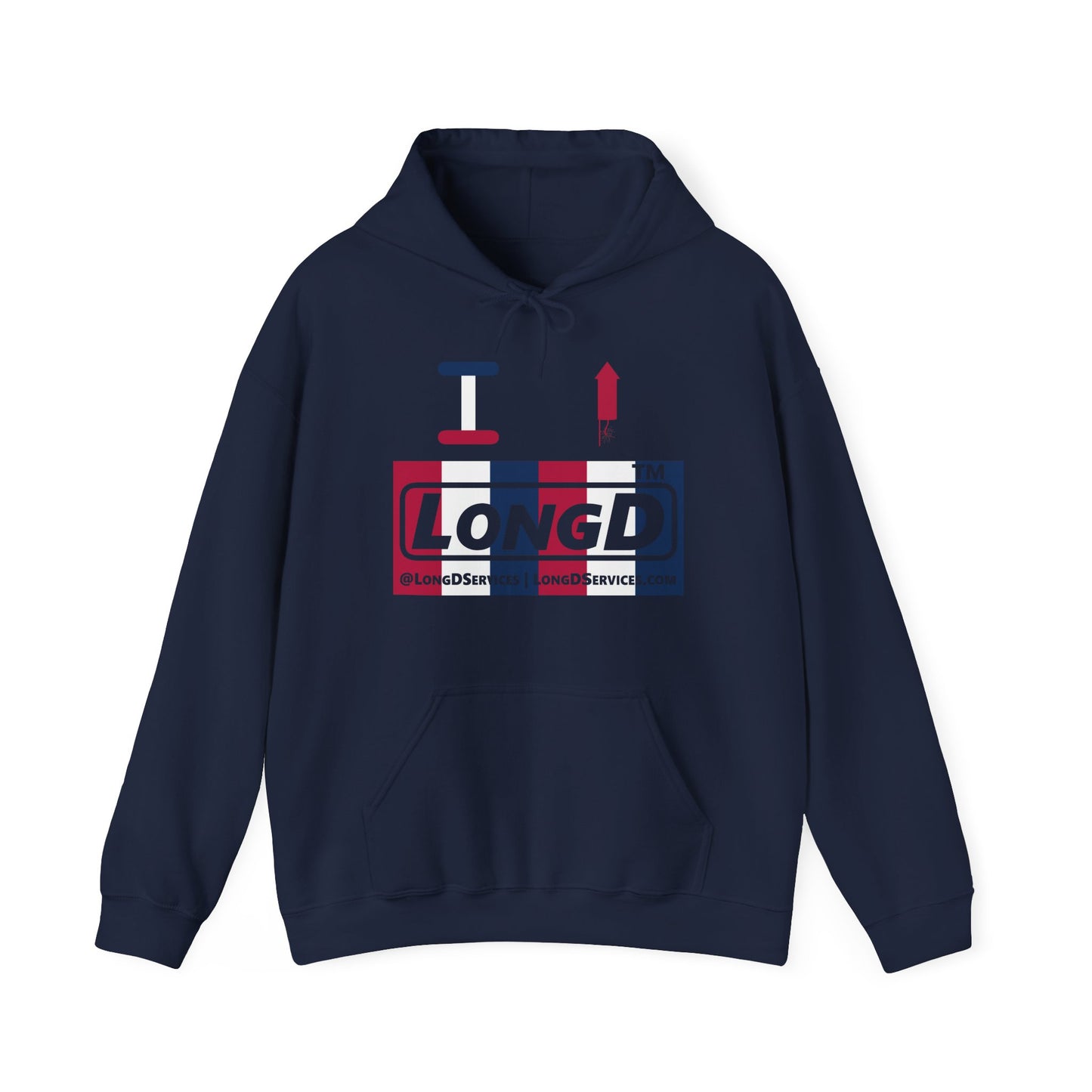 I firecracker LongD® negative vertical 6-striped tag-domain logo hoodie