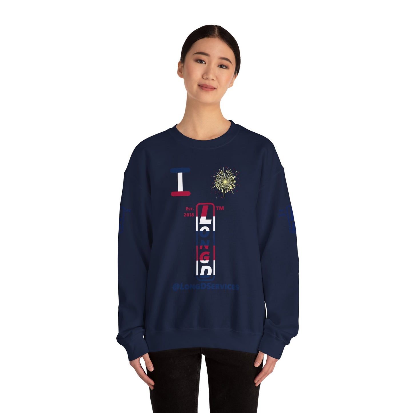 I Burst LongD positive horizontal 6-striped tag upright 4-print logo crewneck sweatshirt