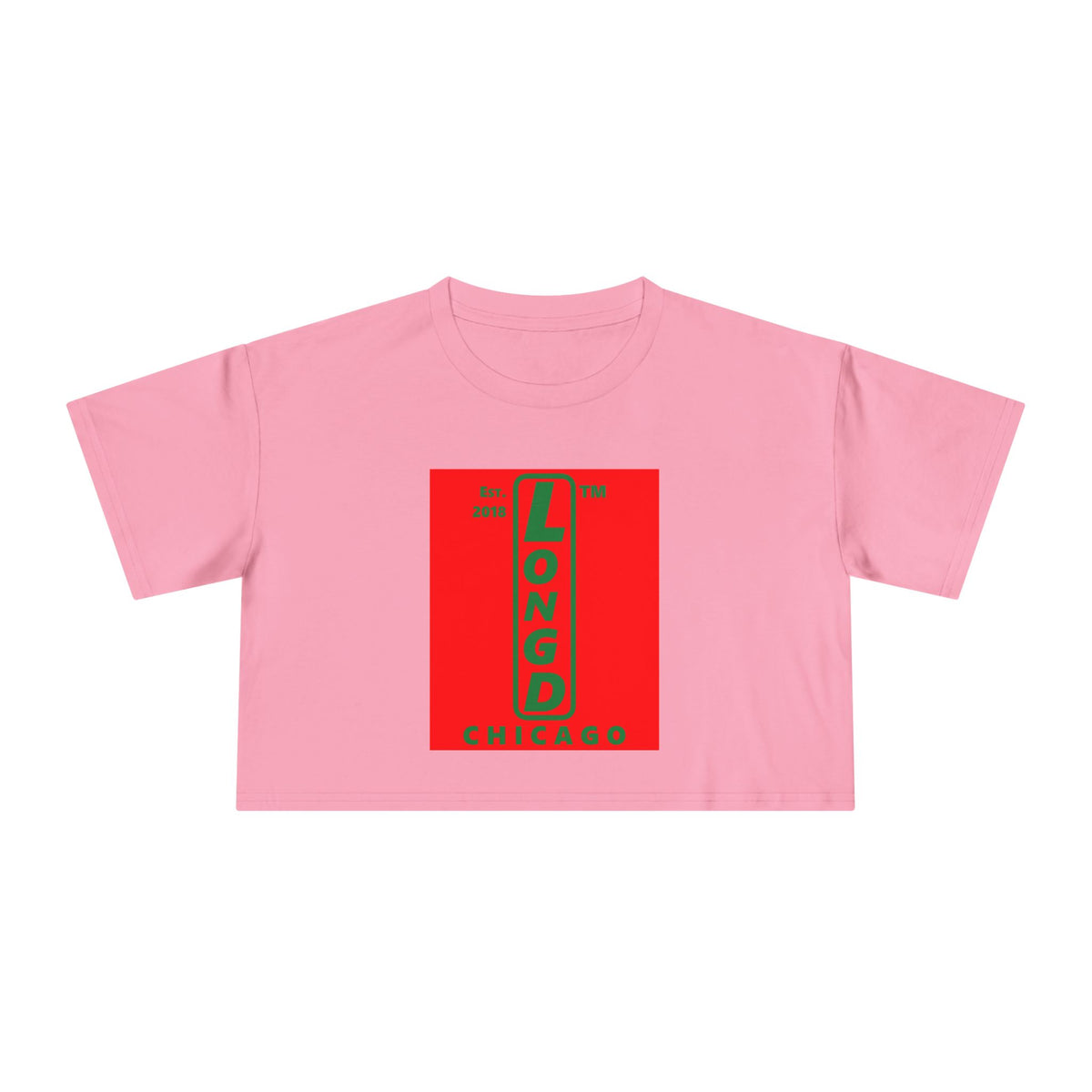 LongD Chicago upright logo positive green on negative red (Xmas colors) crop tee