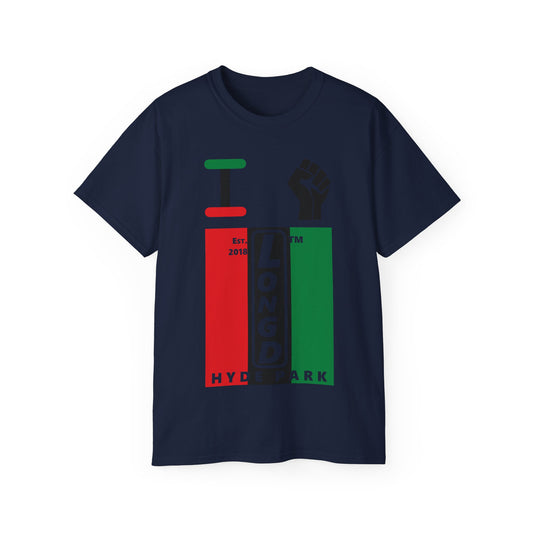 I fist LongD Cotton Tee negative vertical striped Hyde Park upright logo (Juneteenth colors)