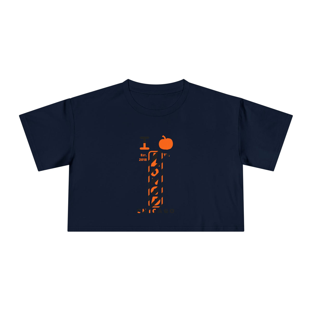 I pumpkin LongD Chicago positive upright pixel-weighted 12-striped front-back logo crop tee