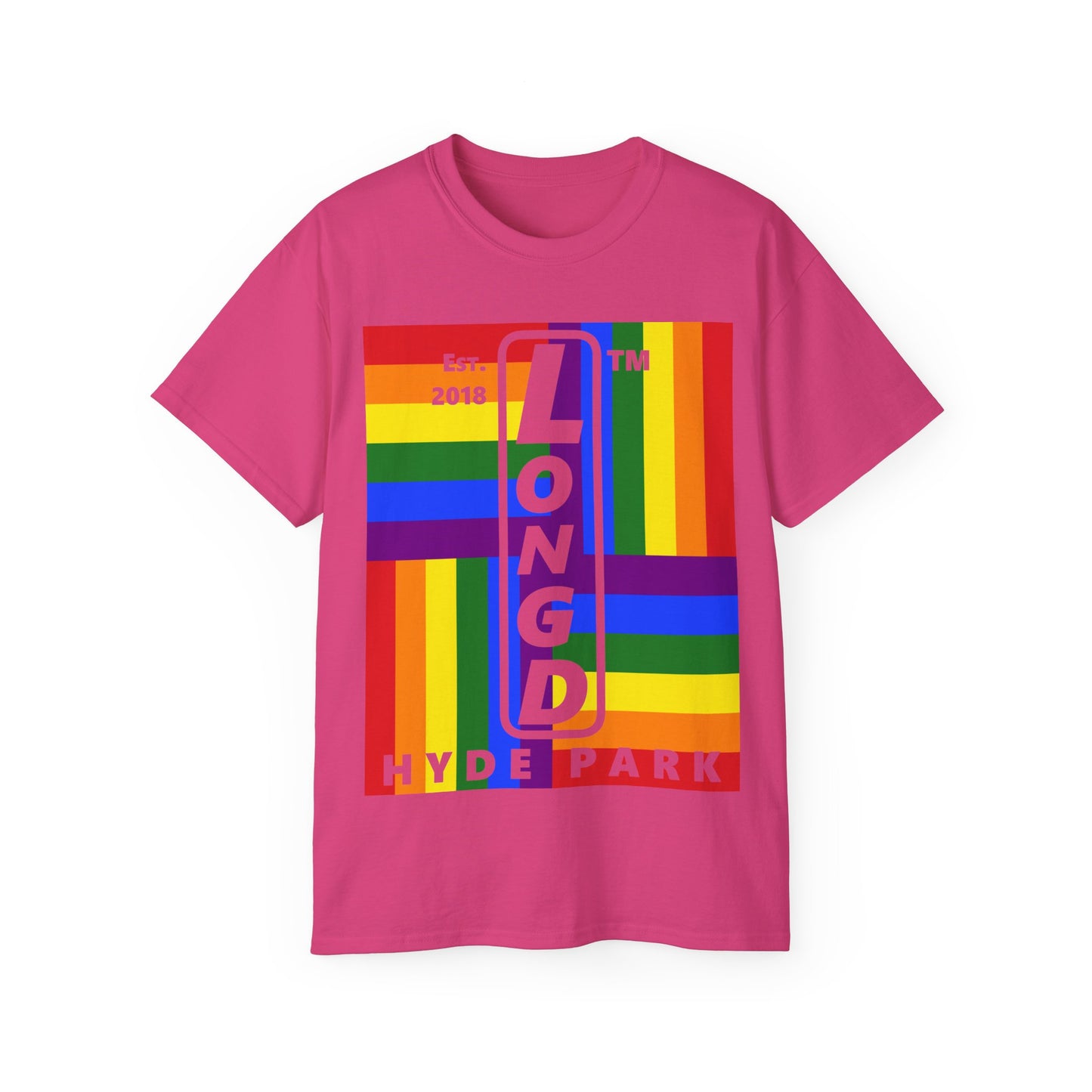 LongD Cotton Tee negative windmill Hyde Park upright logo (Pride colors)