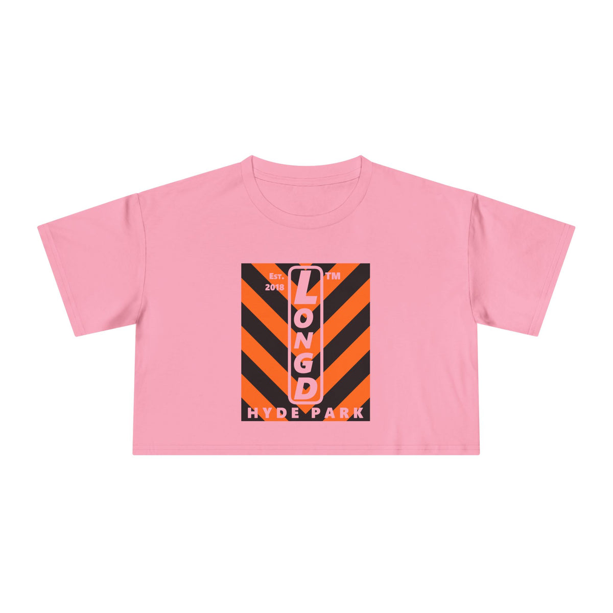 LongD Hyde Park negative upright downward chevron logo (Halloween colors) crop tee