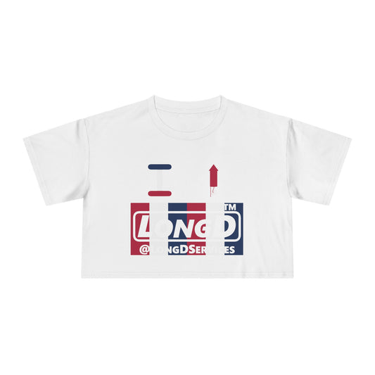 I firecracker LongD negative vertical 6-striped tag Logo Crop Tee (Patriotic colors)
