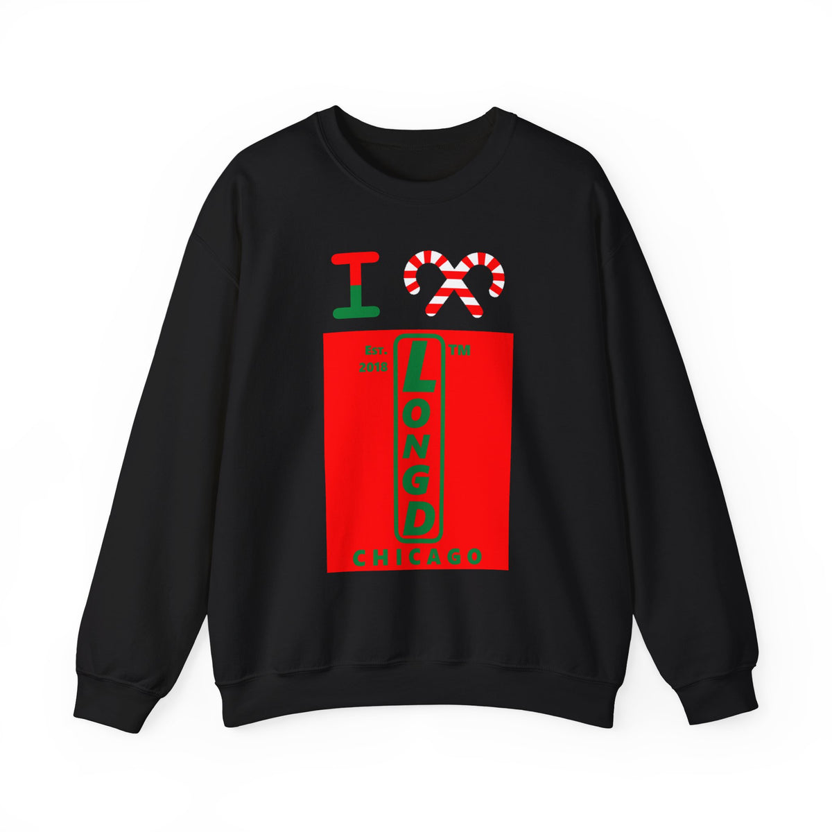 I candy cane LongD Chicago upright logo positive green on negative red crewneck sweatshirt