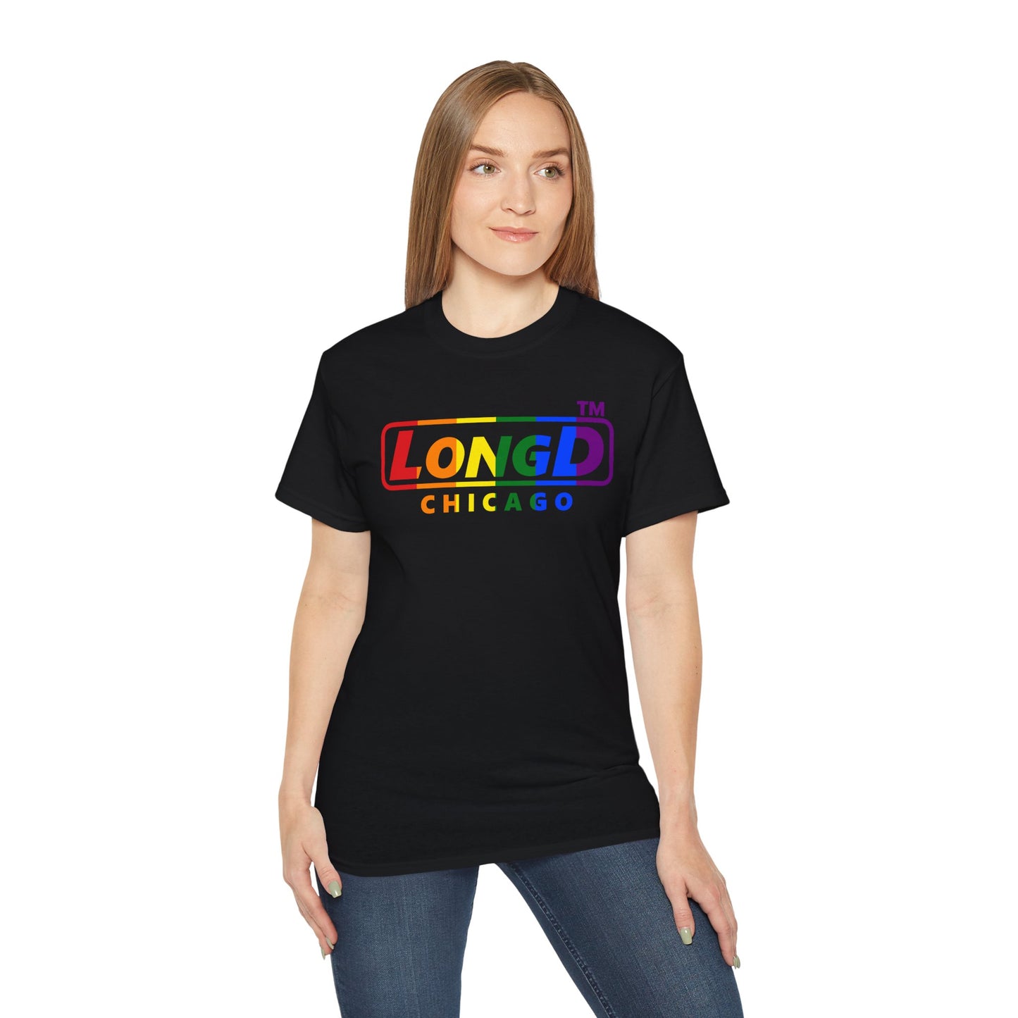 LongD positive vertical striped Chicago logo cotton tee (Pride colors)