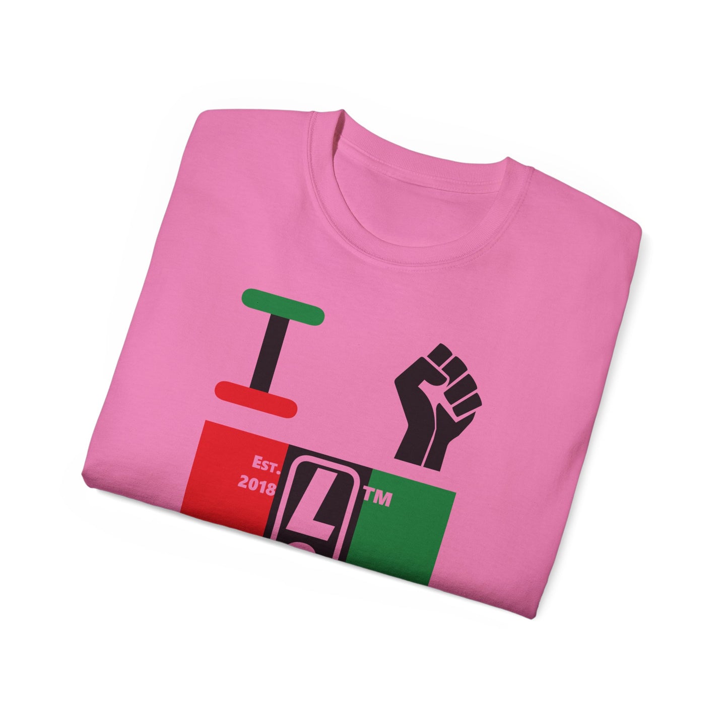 I fist LongD Cotton Tee negative vertical striped Chicago upright logo (Juneteenth colors)