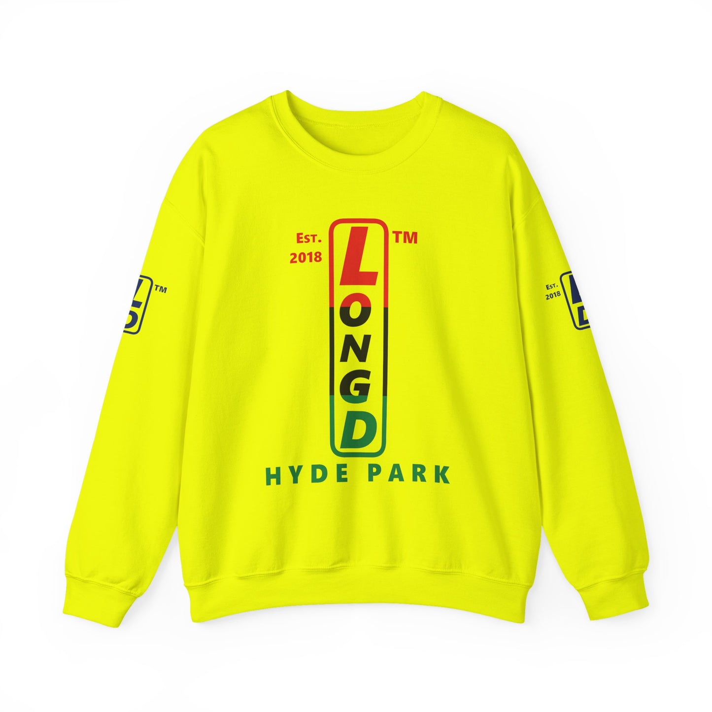 LongD positive horizontal 3-striped Hyde Park 4-print upright logo crewneck sweatshirt (Juneteenth colors)