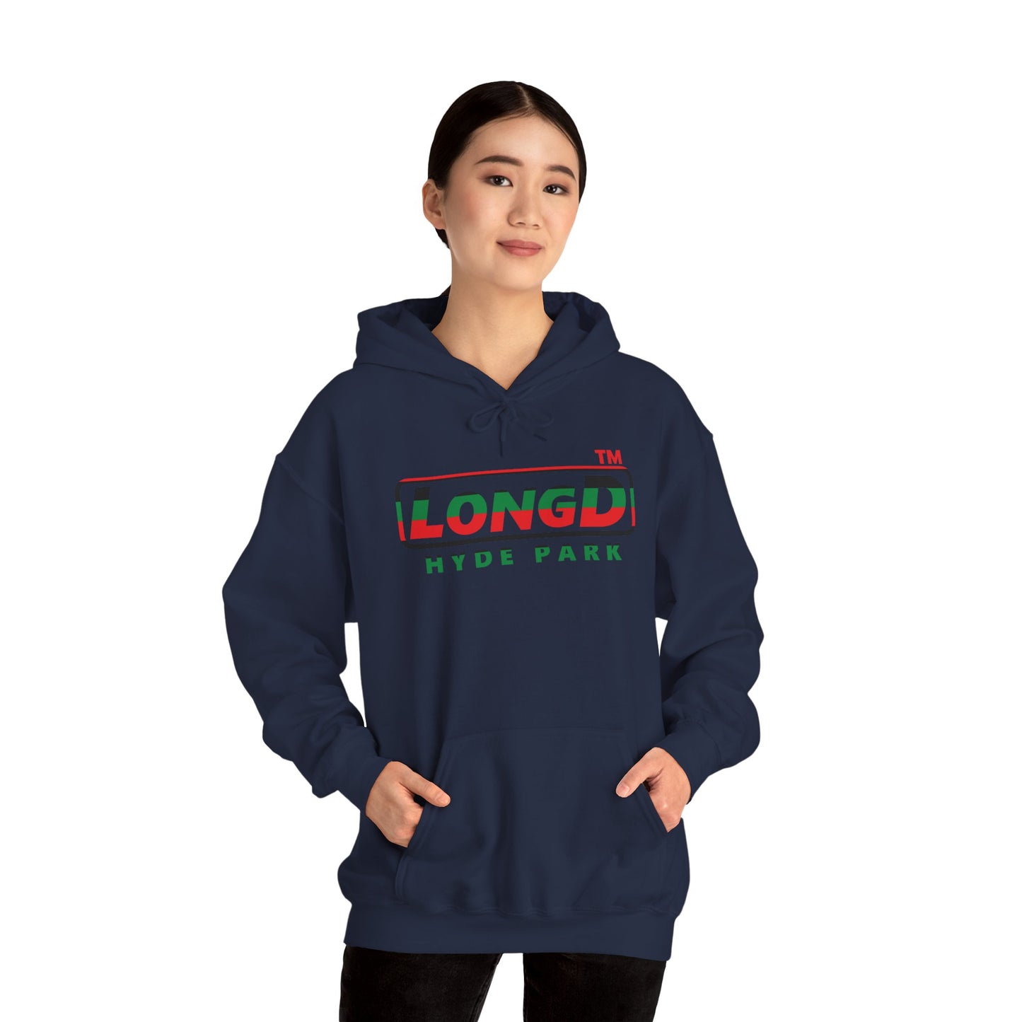 LongD® positive horizontal 6-striped Hyde Park logo Hoodie (Juneteenth colors)