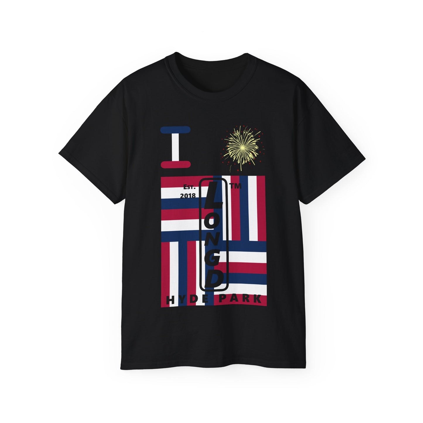 I Burst LongD cotton tee negative windmill Hyde Park upright logo (Patriotic colors)