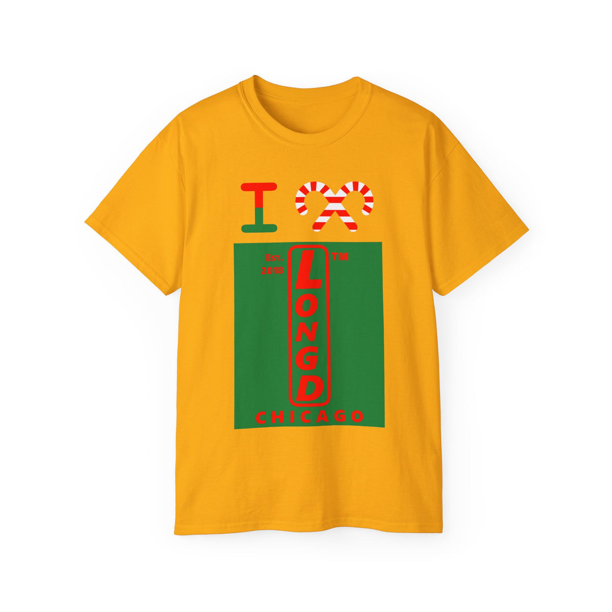 I candy cane LongD Chicago upright front-back logo positive red on negative green cotton tee