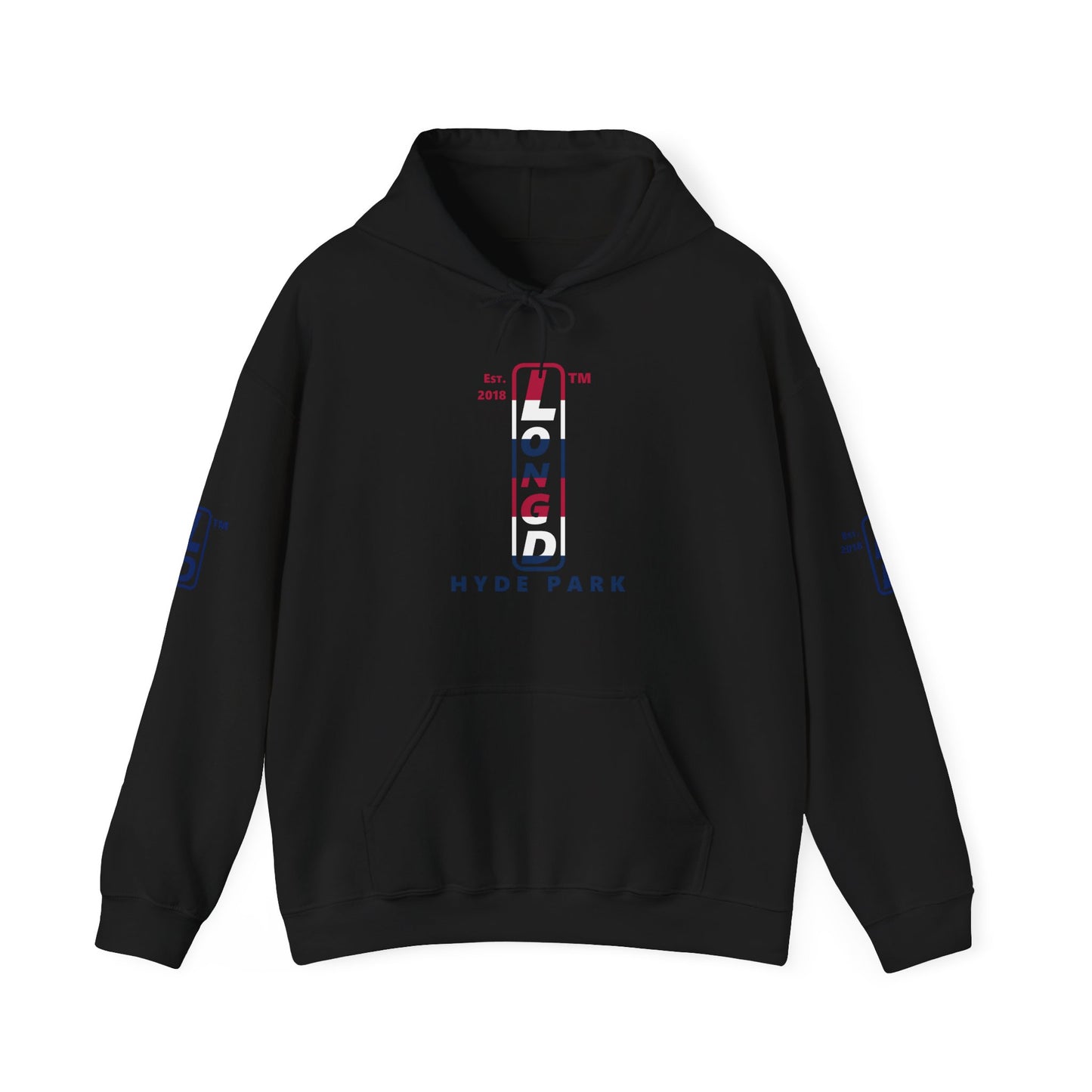 LongD® positive horizontal 6-striped Hyde Park 4-print upright logo hoodie (patriotic colors)
