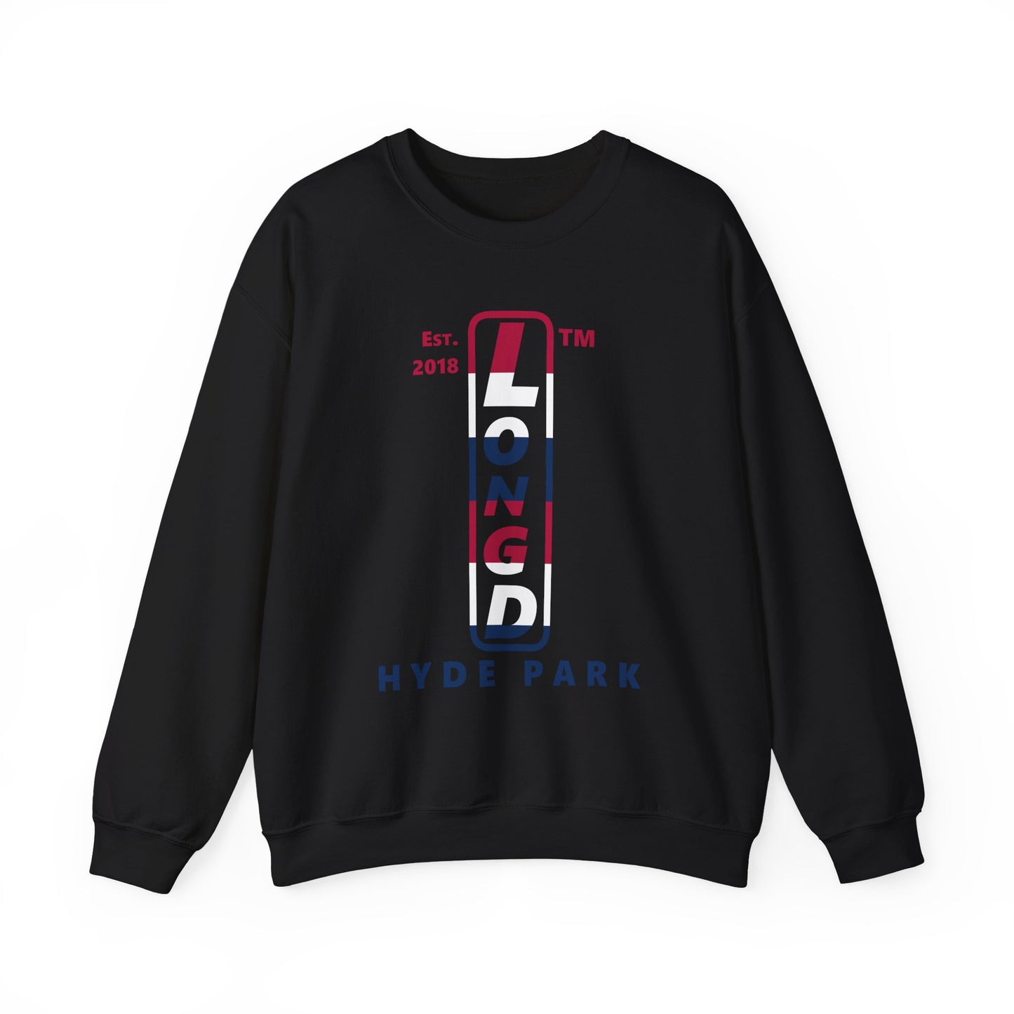 LongD positive horizontal 6-striped Hyde Park upright logo crewneck sweatshirt (patriotic colors)