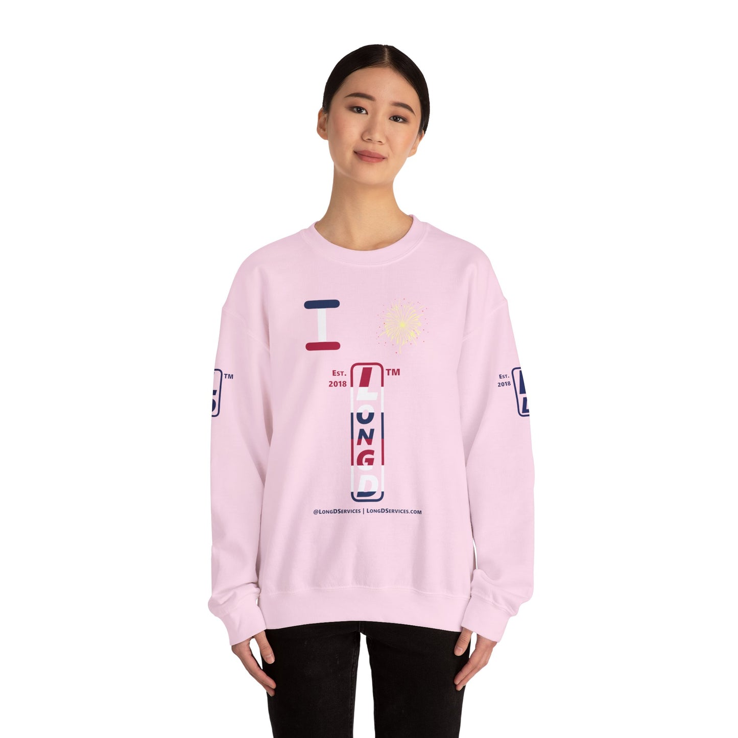 I Burst LongD positive horizontal 6-striped tag-domain upright 4-print logo crewneck sweatshirt