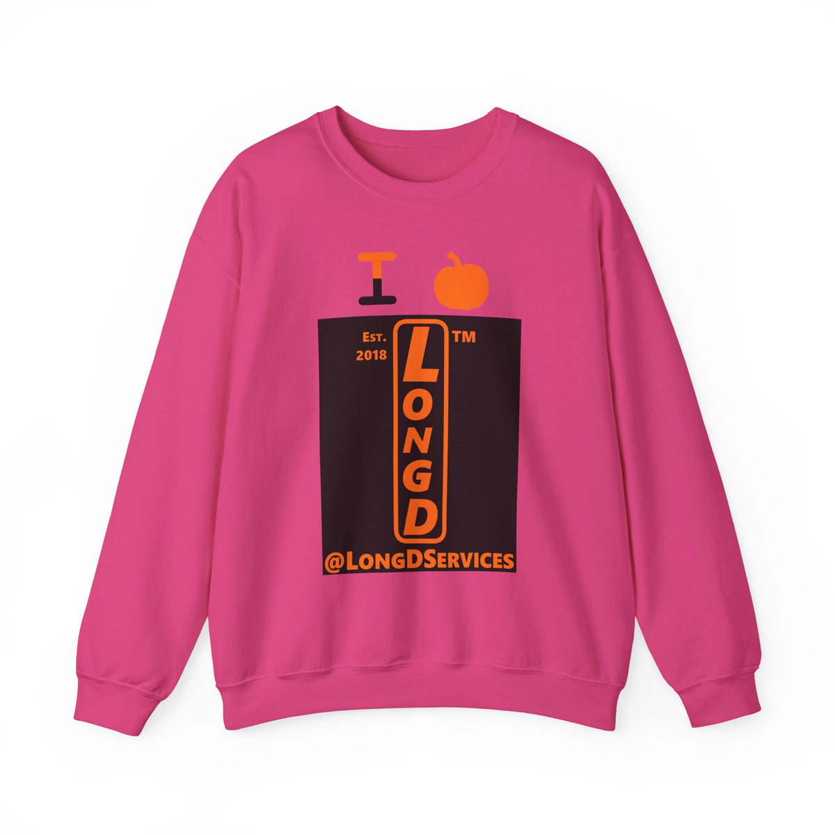 I pumpkin LongD Tag upright logo positive orange on negative black crewneck sweatshirt