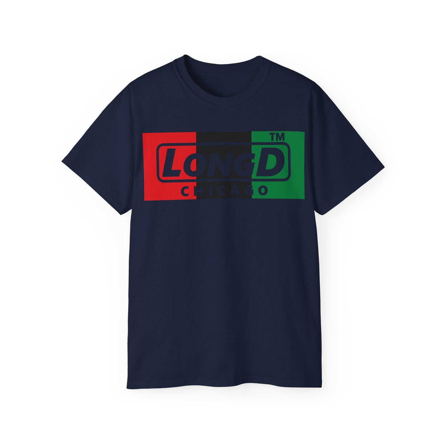 LongD negative vertical 3-striped Chicago logo cotton tee (Juneteenth colors)