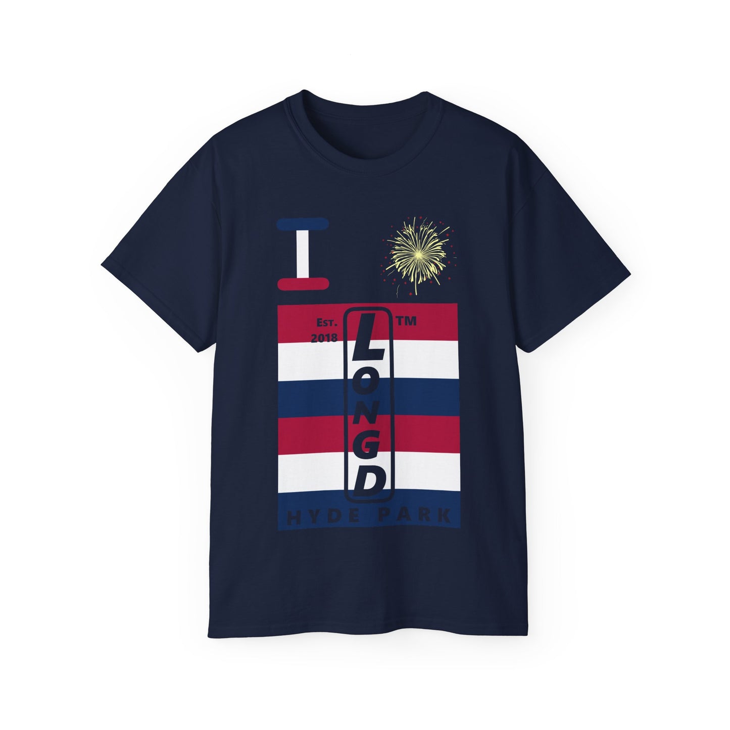 I Burst LongD cotton tee negative horizontal 6-striped Hyde Park upright logo (Patriotic colors)