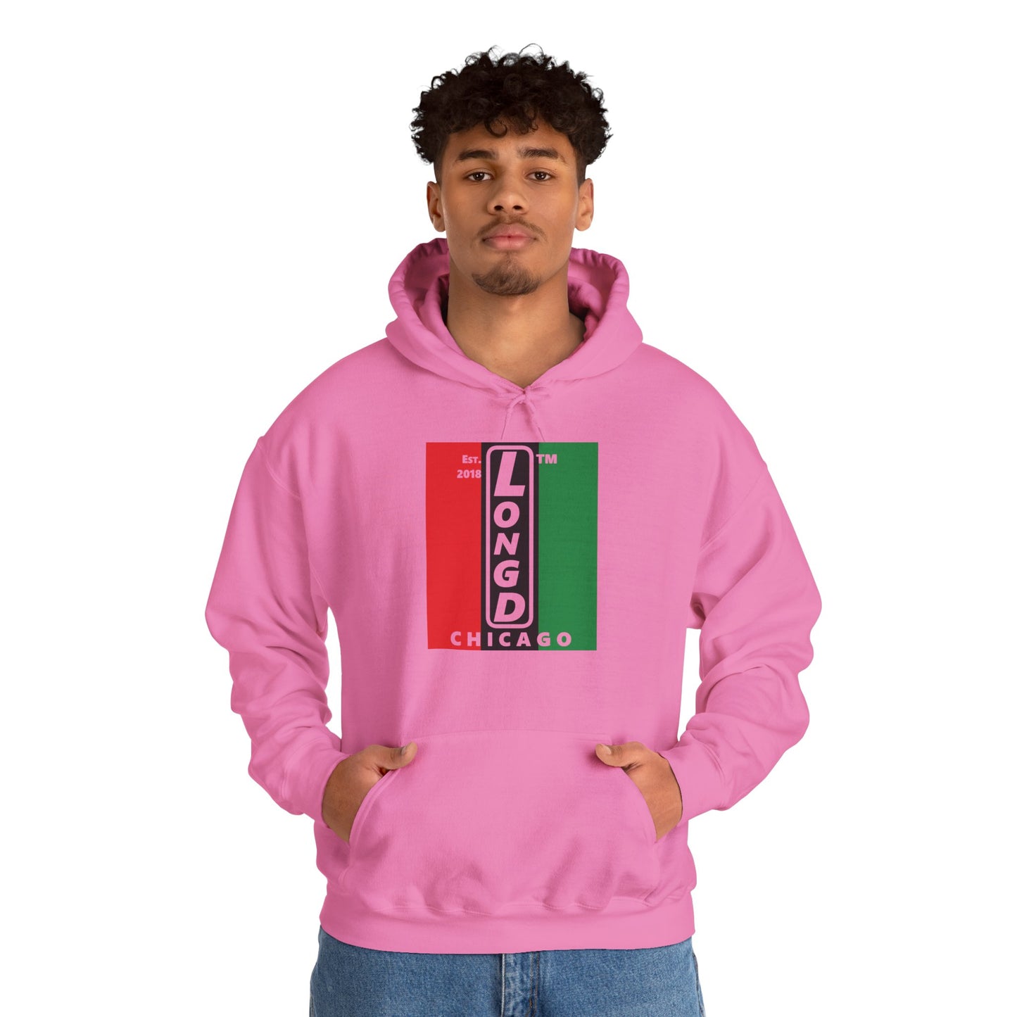 LongD® negative vertical 3-striped upright Chicago logo hoodie (Juneteenth colors)