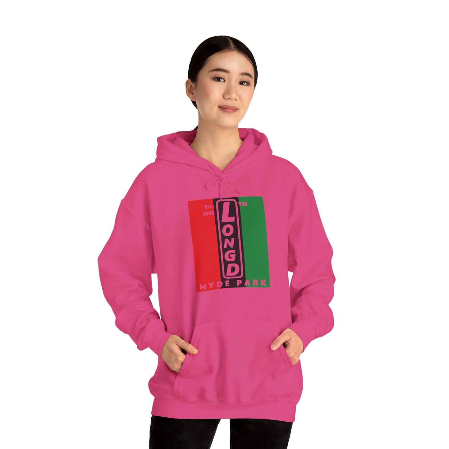 LongD® negative vertical 3-striped upright Hyde Park logo hoodie (Juneteenth colors)