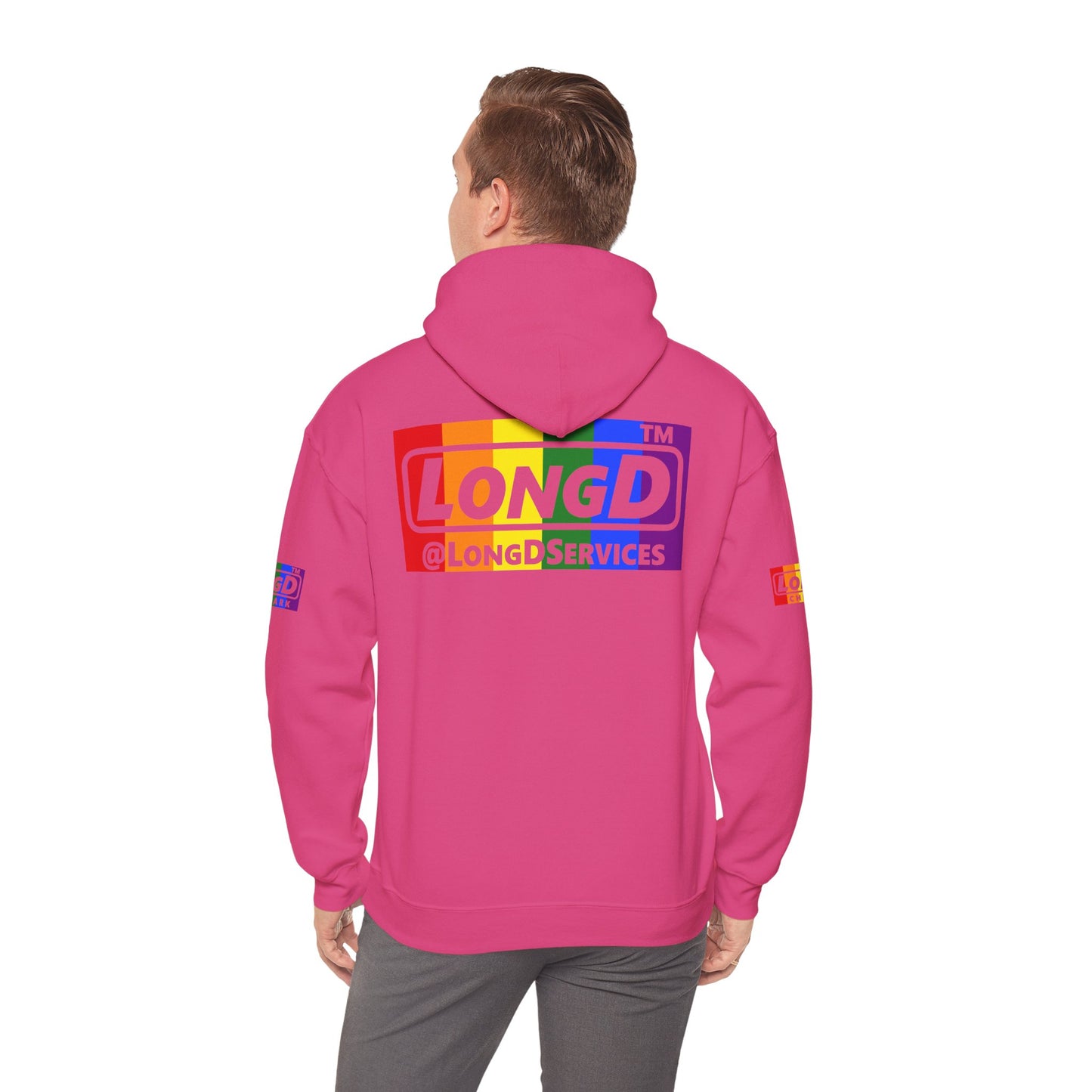 LongD® negative vertical striped 4-print Hyde Park logo hoodie (Pride colors)