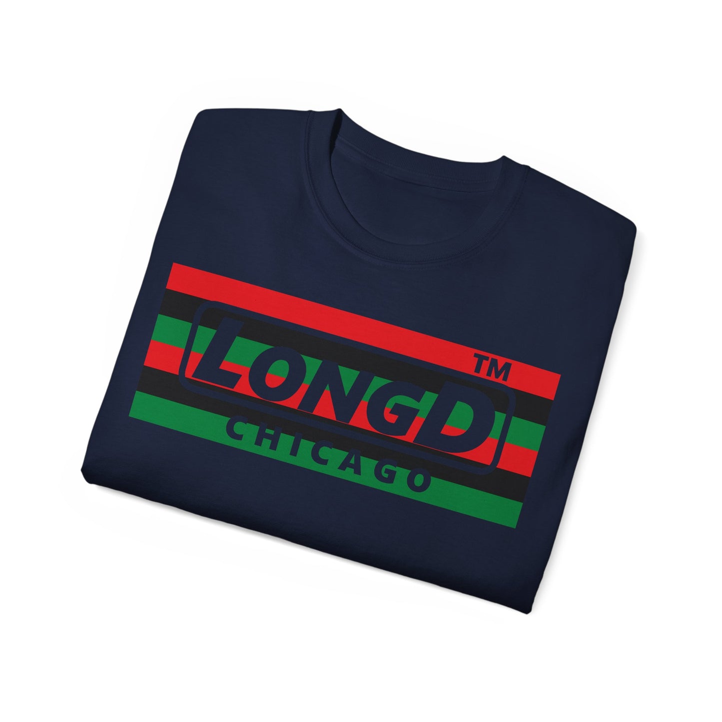 LongD negative horizontal 6-striped Chicago logo cotton tee (Juneteenth colors)