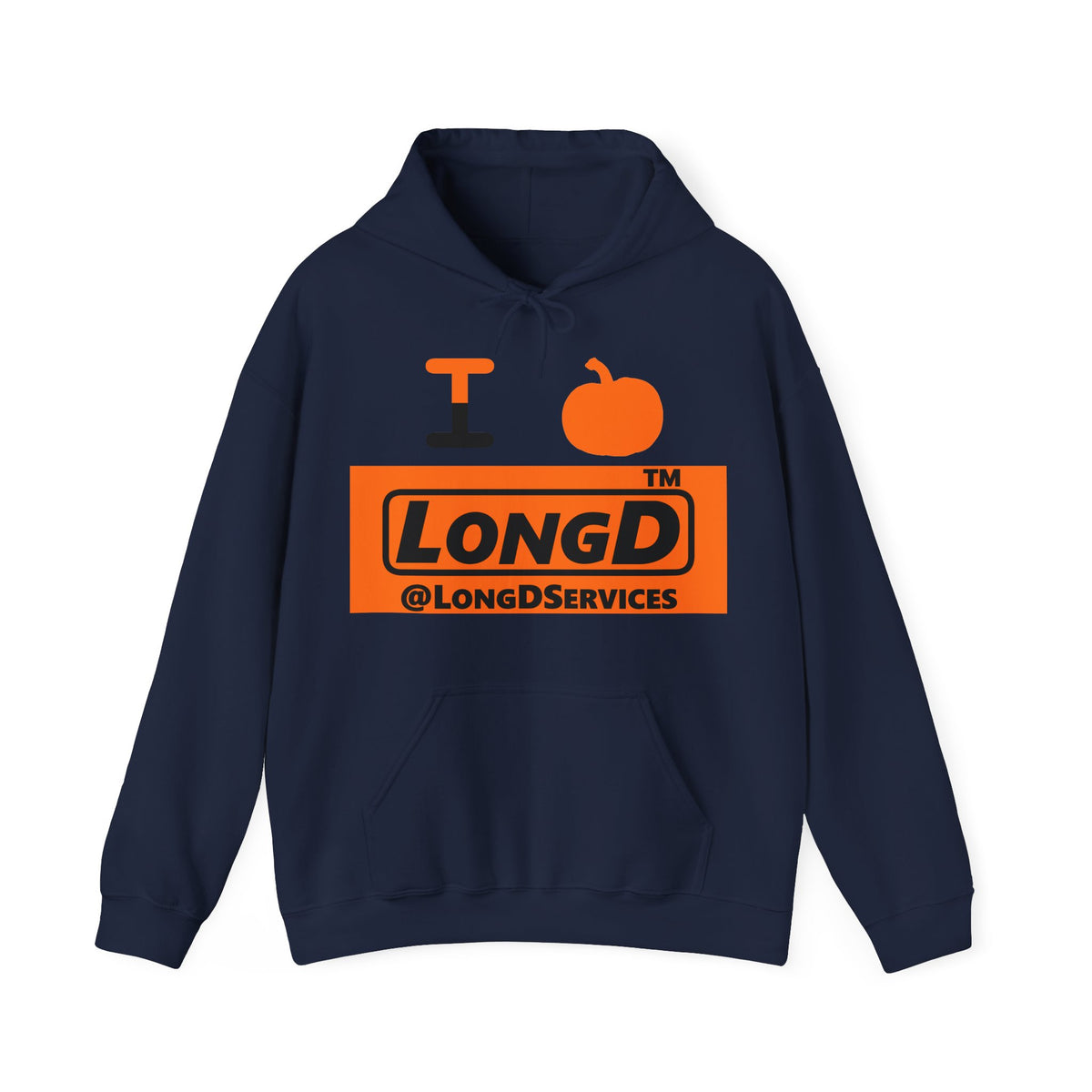 I pumpkin LongD Tag logo positive black on negative orange hoodie
