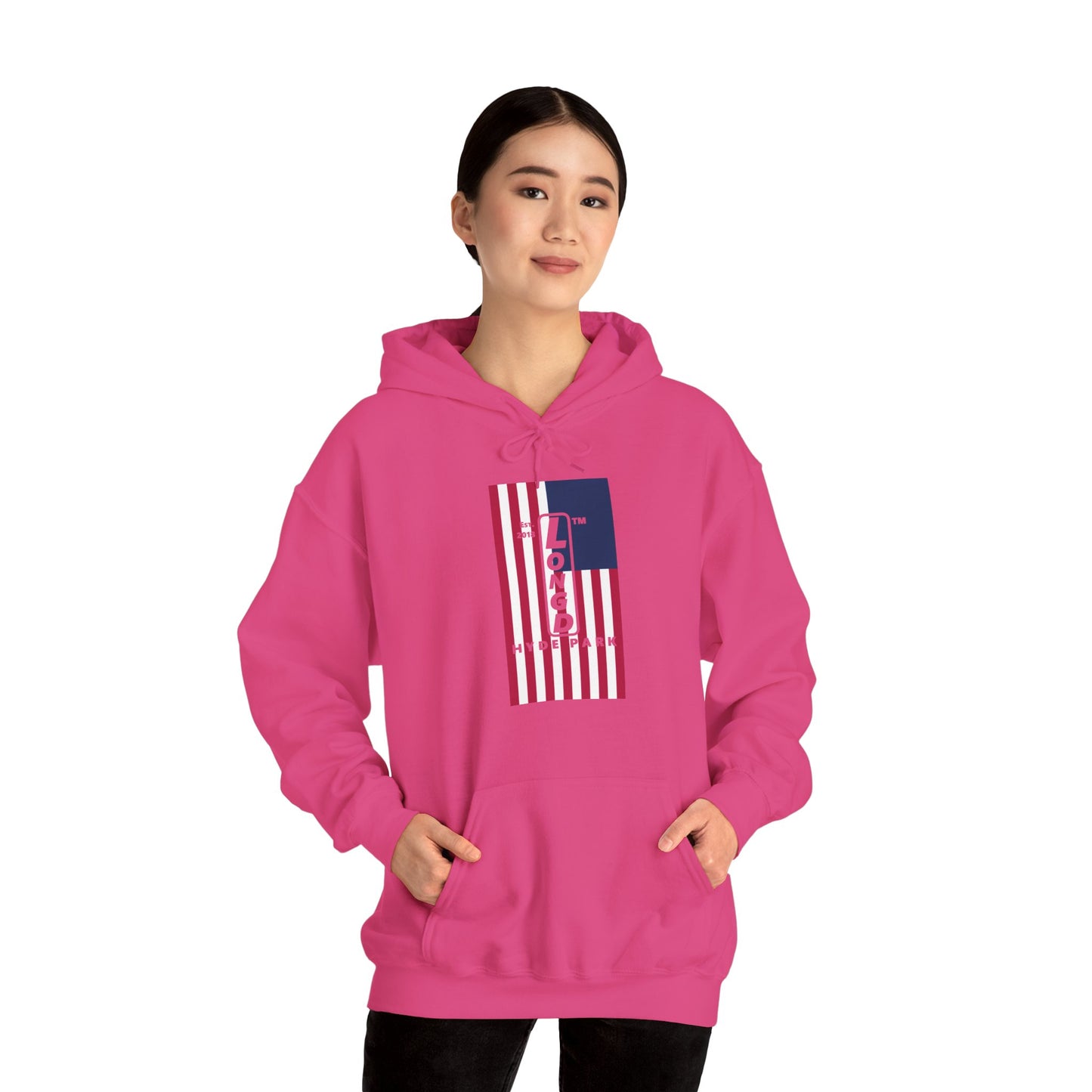 LongD® negative flag upright Hyde Park logo hoodie (Patriotic colors)