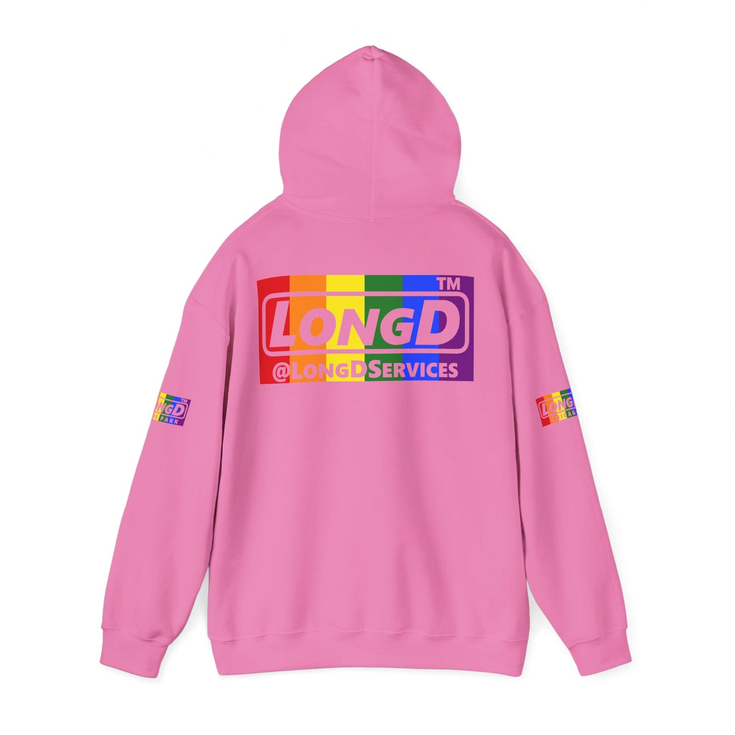 LongD® negative vertical striped 4-print Hyde Park logo hoodie (Pride colors)
