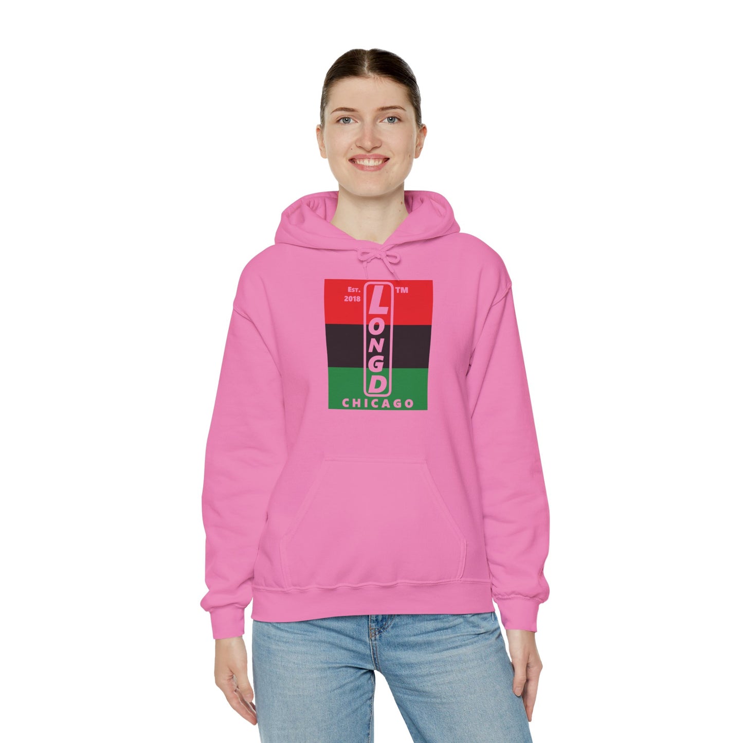 LongD® negative horizontal 3-striped upright Chicago logo hoodie (Juneteenth colors)