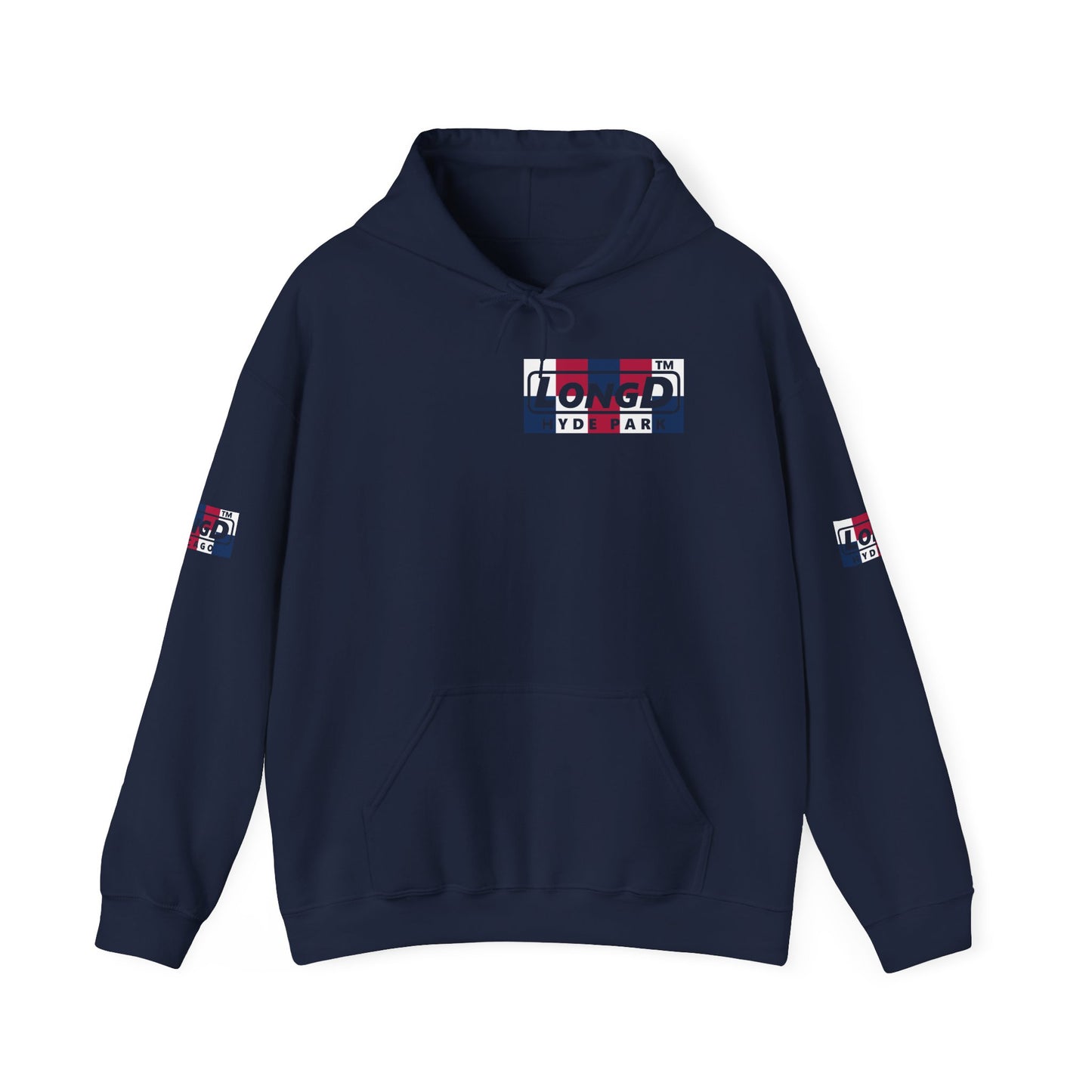 LongD® negative 2x5 4-print single breasted Hyde Park logo hoodie (patriotic colors)