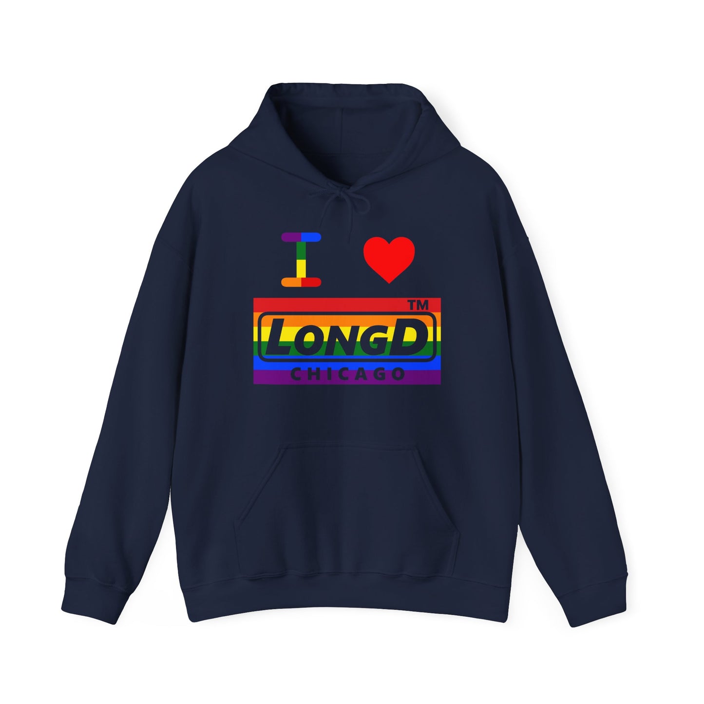 I Luv LongD® negative horizontal striped Chicago logo hoodie (Pride colors)