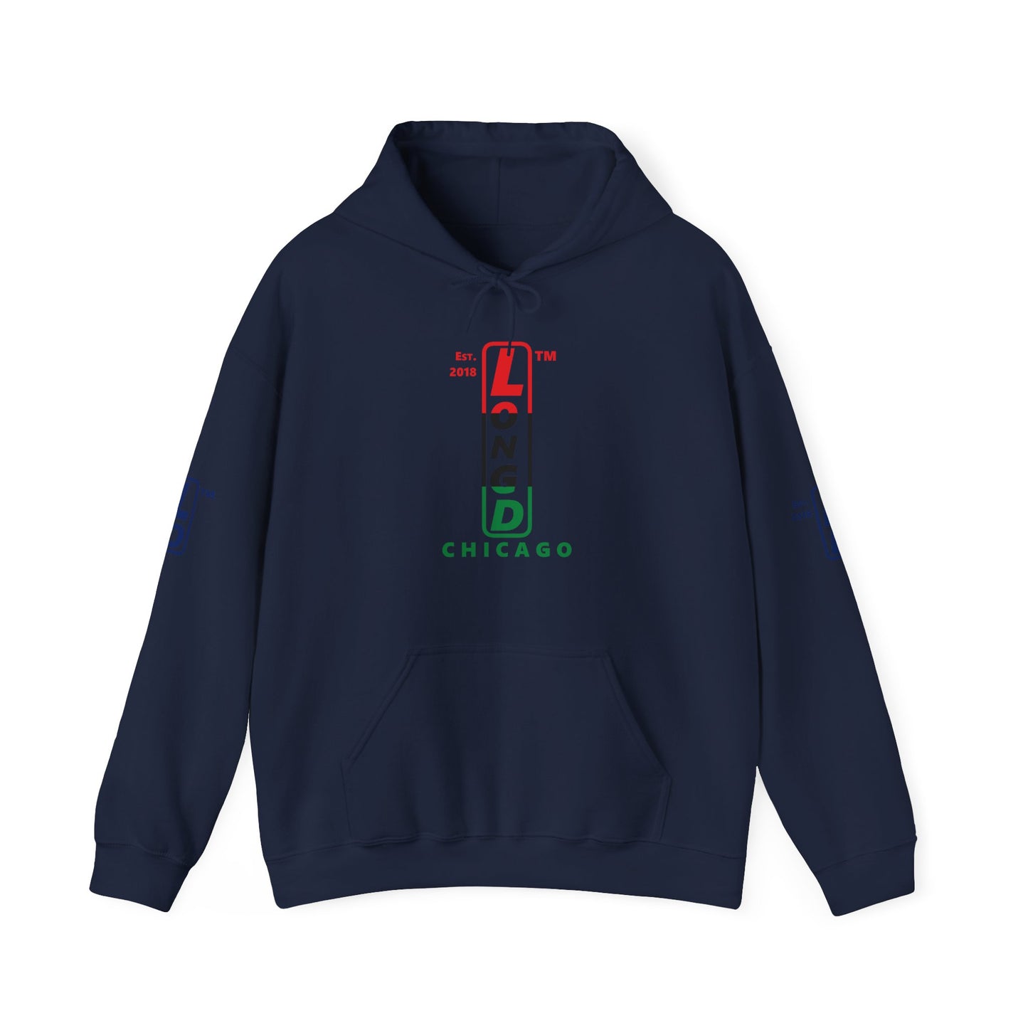 LongD® positive horizontal 3-striped Chicago 4-print upright logo hoodie (Juneteenth colors)