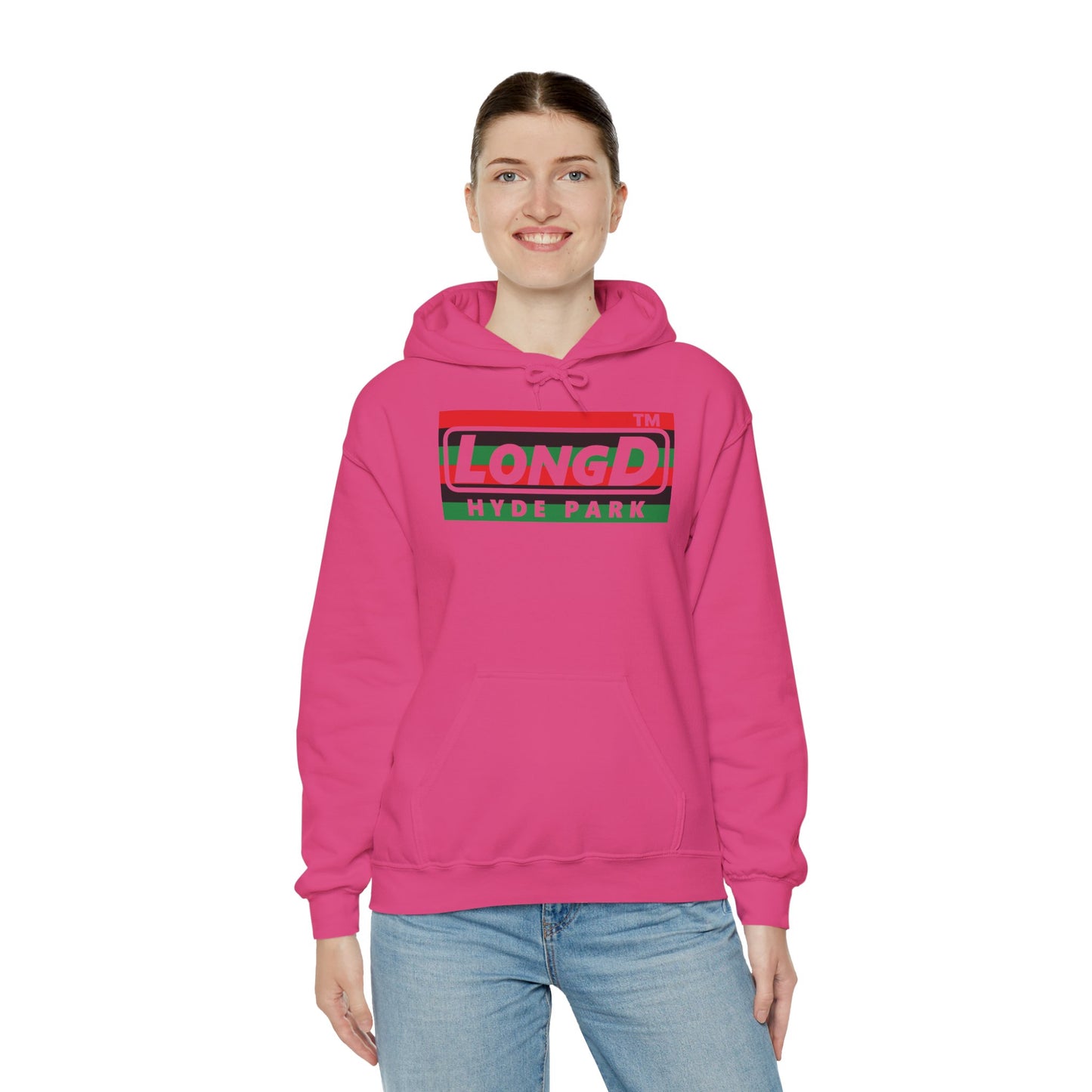 LongD® negative horizontal 6-striped Hyde Park logo Hoodie (Juneteenth colors)