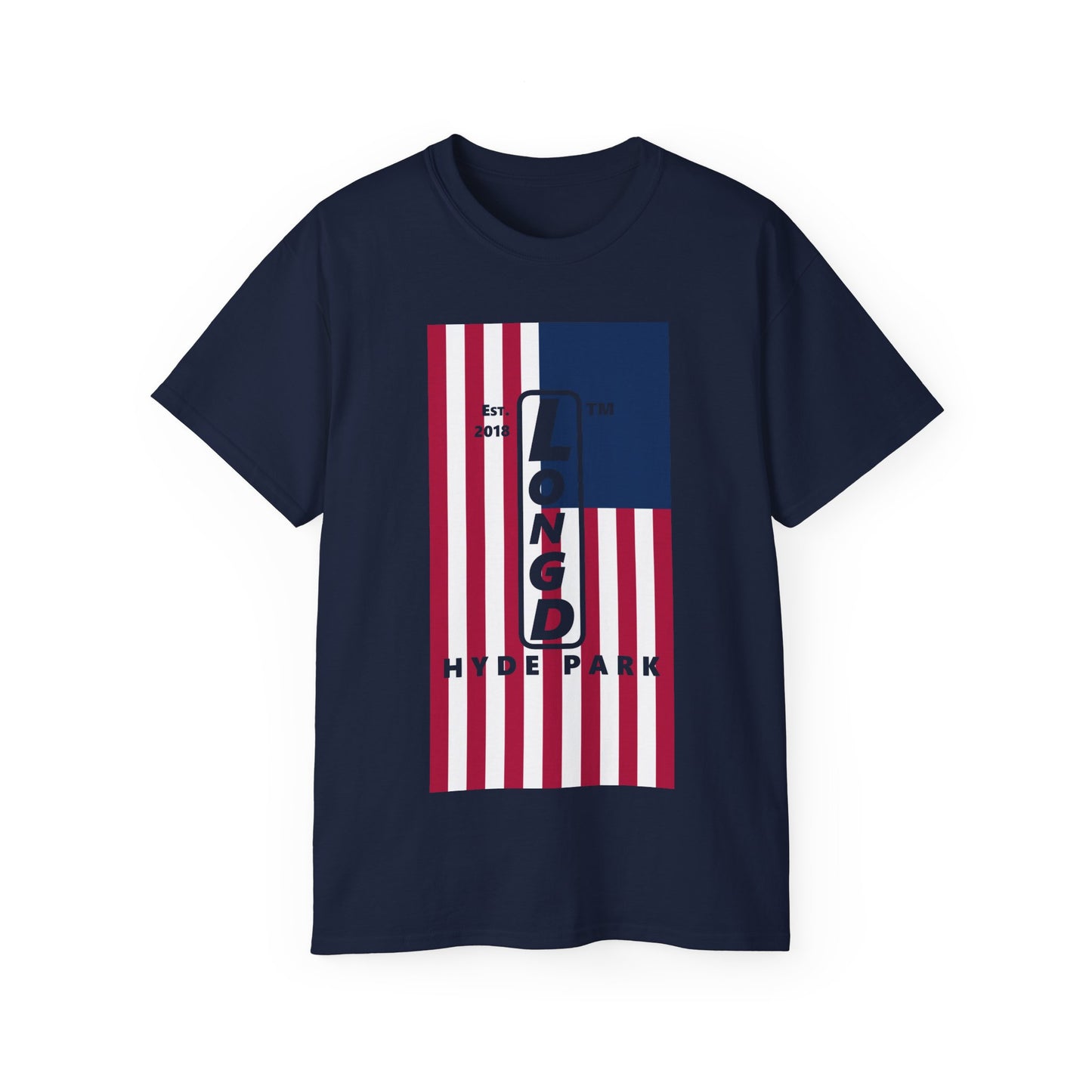 LongD cotton tee negative flag Hyde Park upright logo (Patriotic colors)