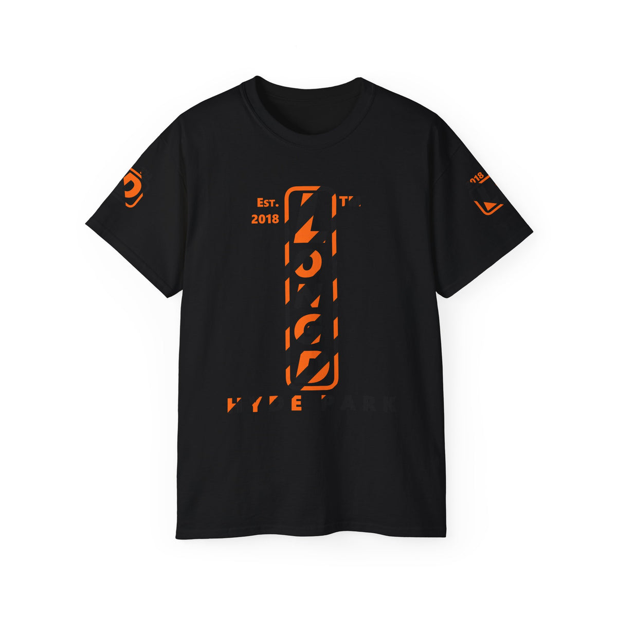LongD Hyde Park positive upright pixel-weighted 12-striped 4-print logo (Halloween colors) cotton tee