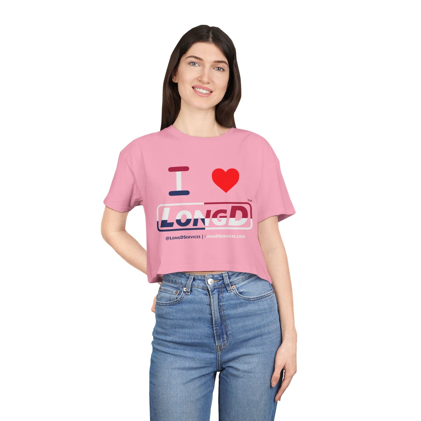 I Luv LongD Logo Women's Crop Tee Red, White & Blue positive quarters