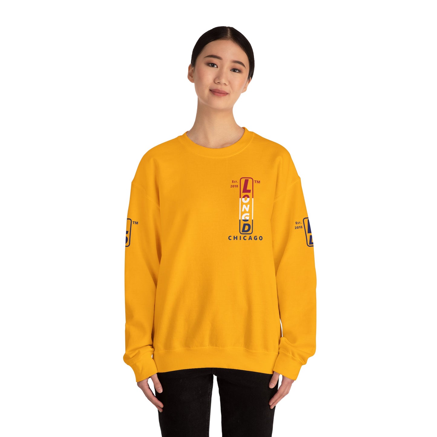 LongD positive horizontal 3-striped Chicago upright 4-print single-breasted logo crewneck sweatshirt (patriotic colors)