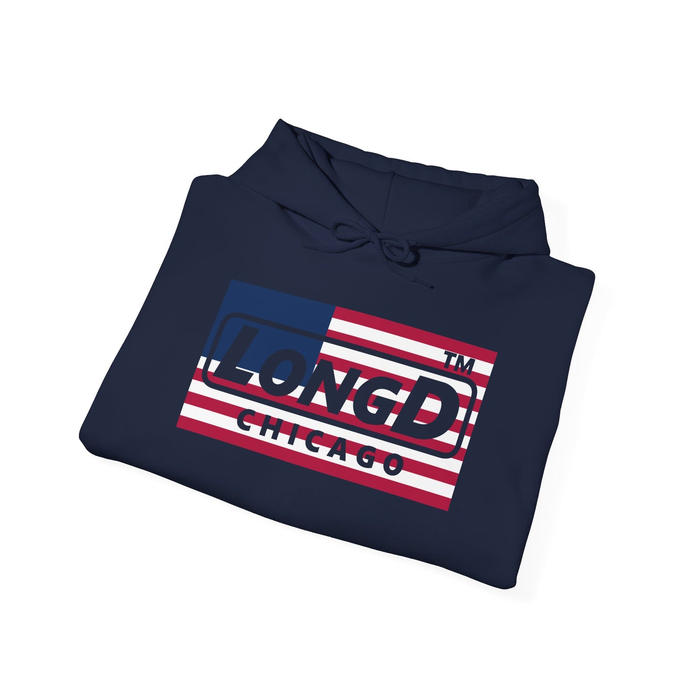 LongD® negative flag front-back double breasted Chicago logo hoodie (patriotic colors)