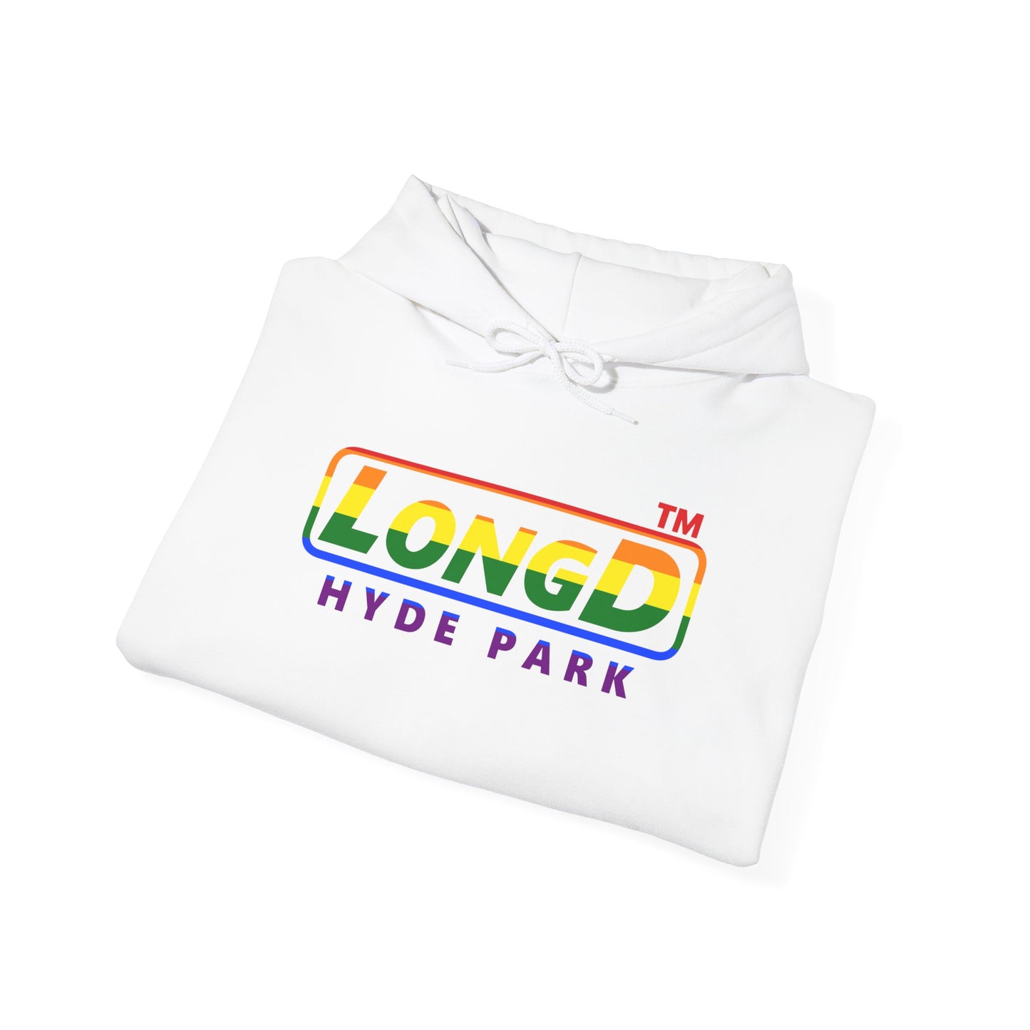 LongD® positive horizontal striped Hyde Park logo hoodie (Pride colors)