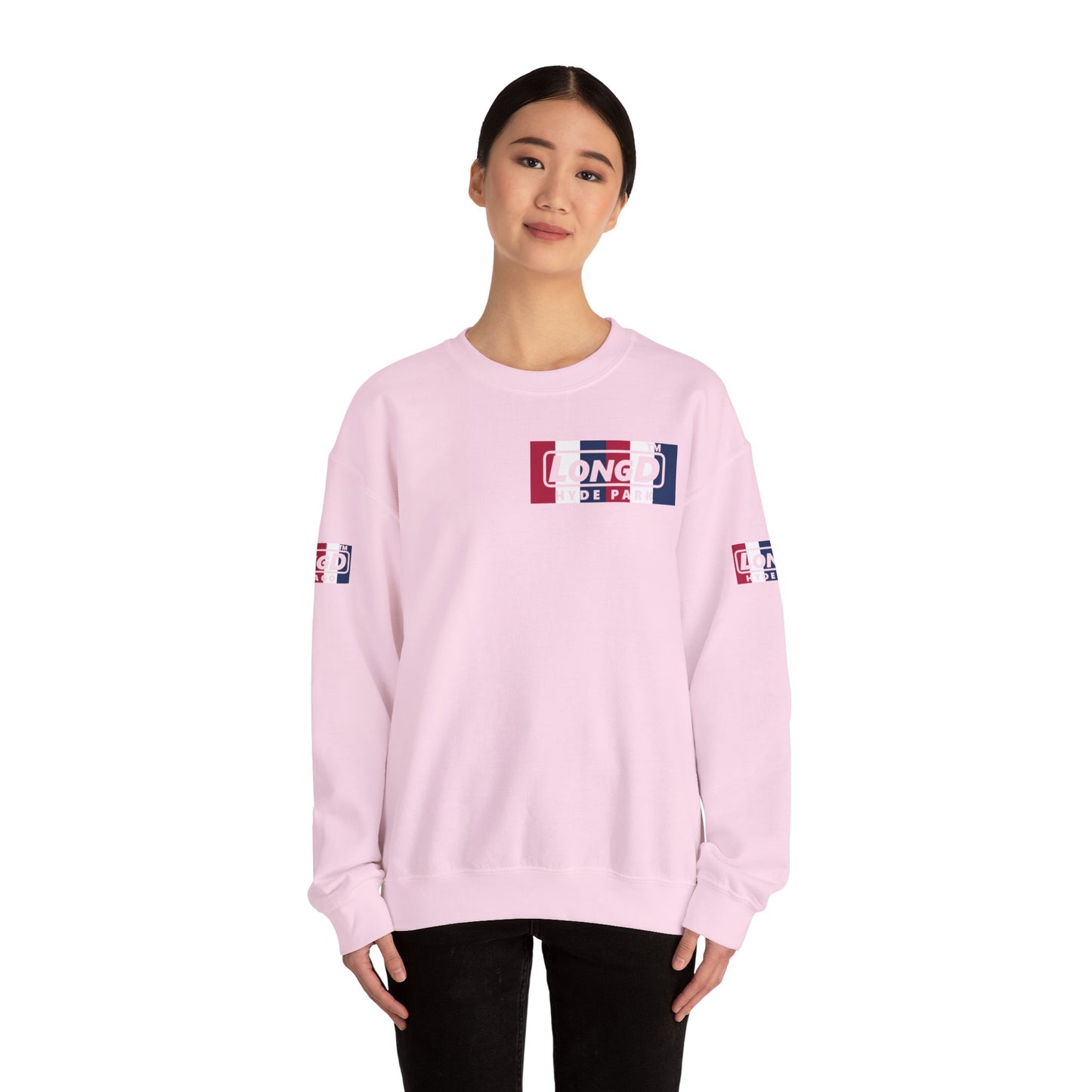 LongD negative vertical 6-striped 4-print single-breasted Hyde Park logo crewneck sweatshirt (patriotic colors)