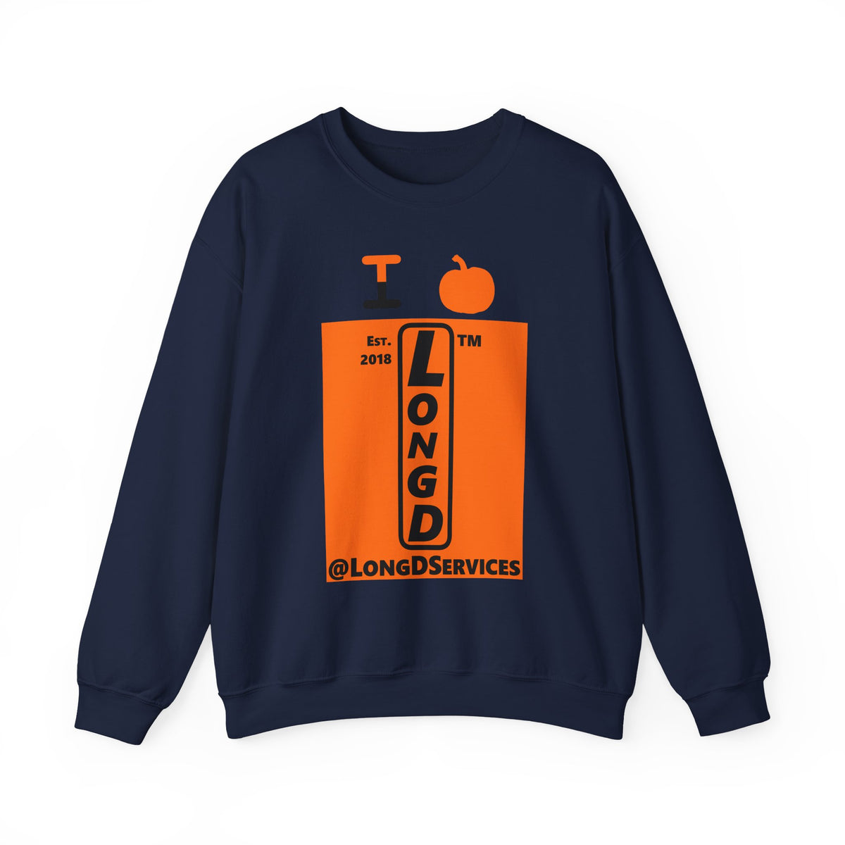 I pumpkin LongD Tag upright logo positive black on negative orange crewneck sweatshirt