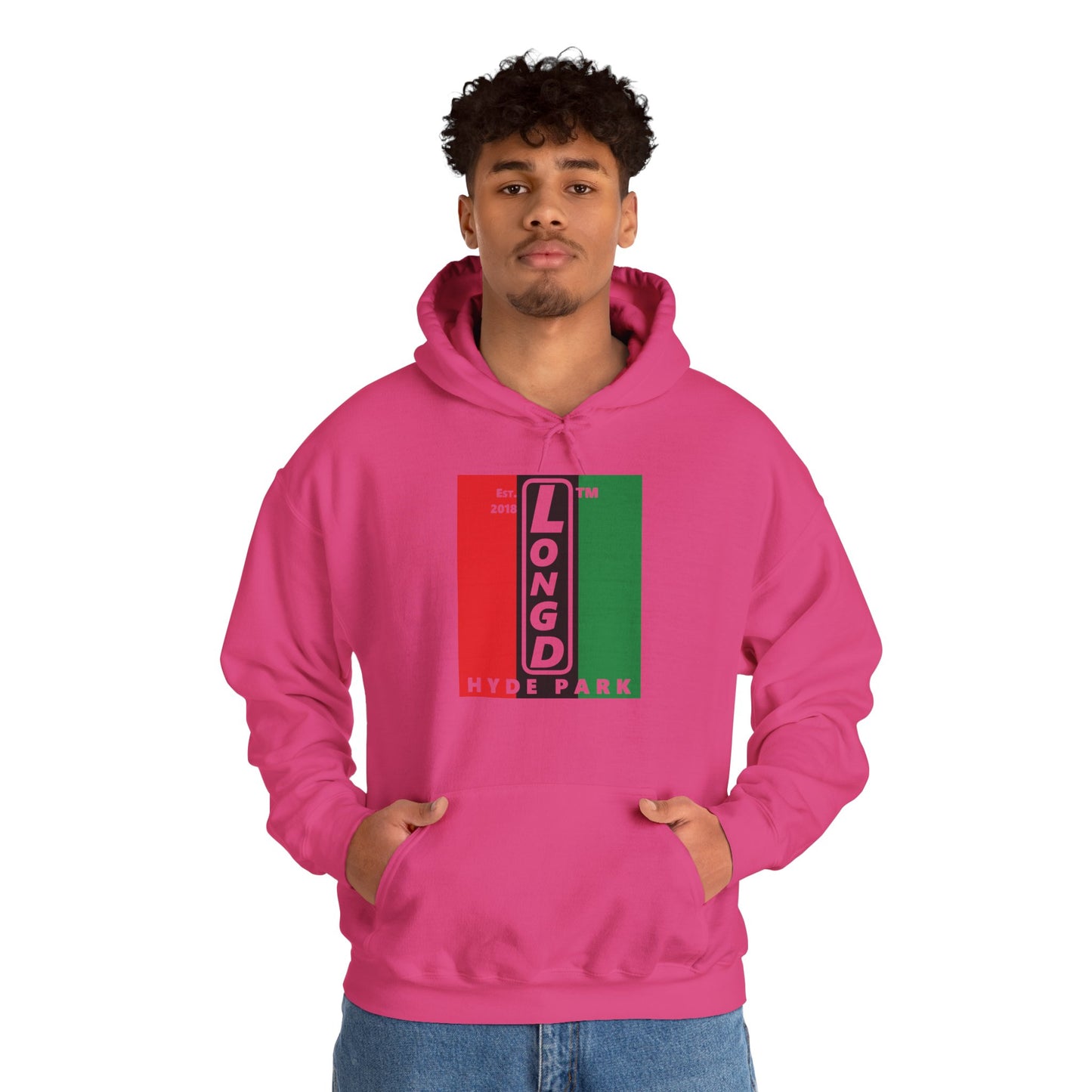 LongD® negative vertical 3-striped upright Hyde Park logo hoodie (Juneteenth colors)