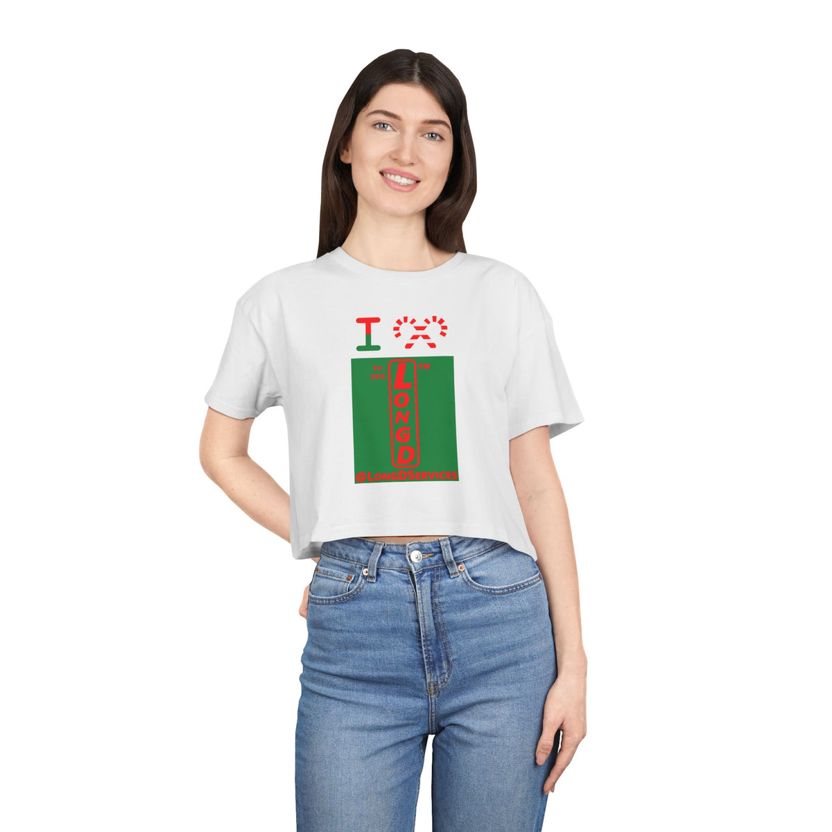 I candy cane LongD Tag upright front-back logo positive red on negative green crop tee