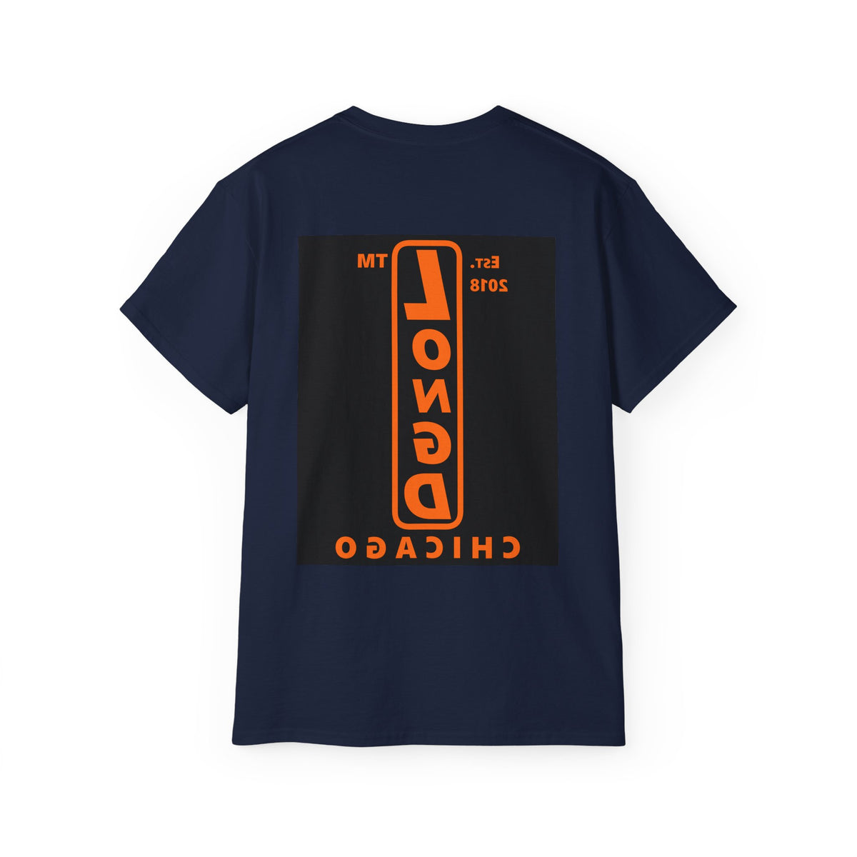 LongD Chicago upright front-back logo orange (FE7518) on Black (000000) cotton tee