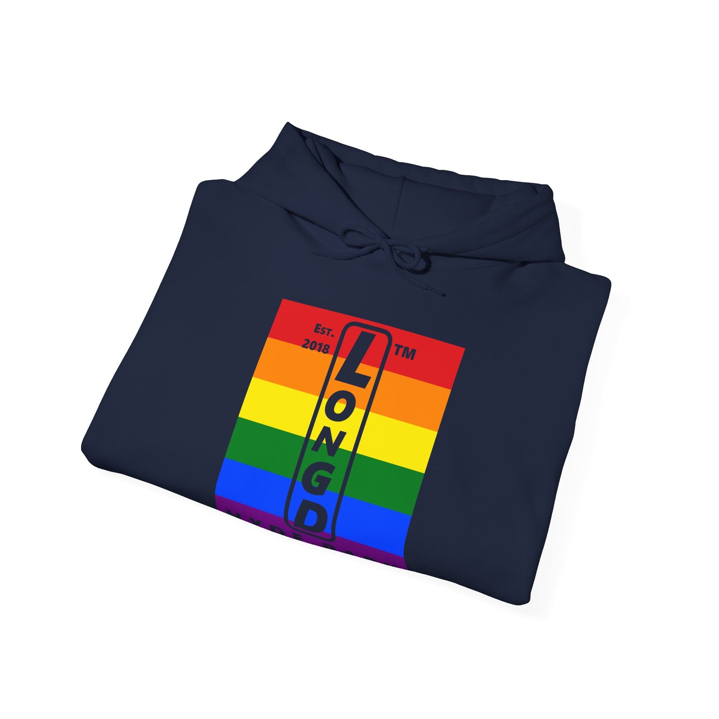 LongD® negative horizontal 6-striped upright Hyde Park logo hoodie (Pride colors)