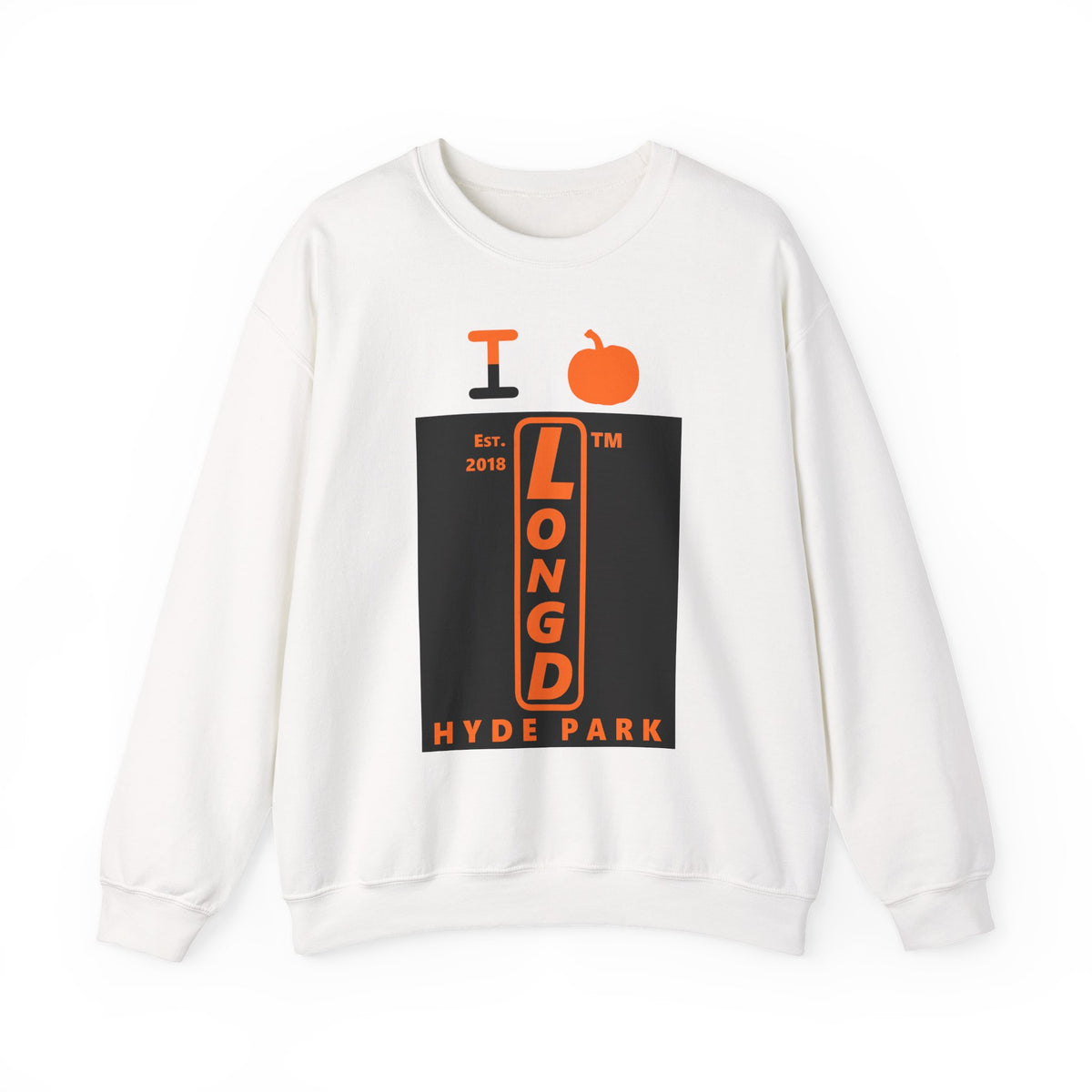 I pumpkin LongD Hyde Park upright logo positive orange on negative black crewneck sweatshirt