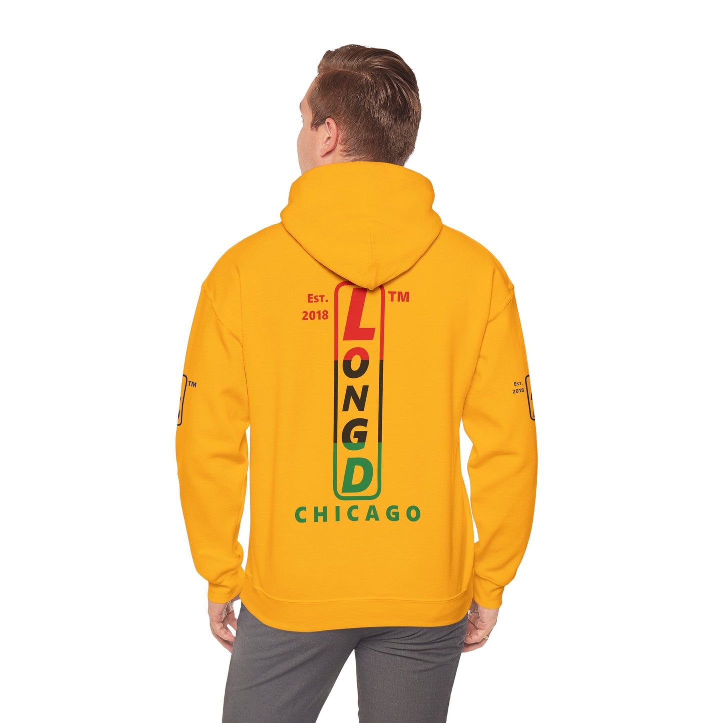 LongD® positive horizontal 3-striped Chicago 4-print upright logo hoodie (Juneteenth colors)